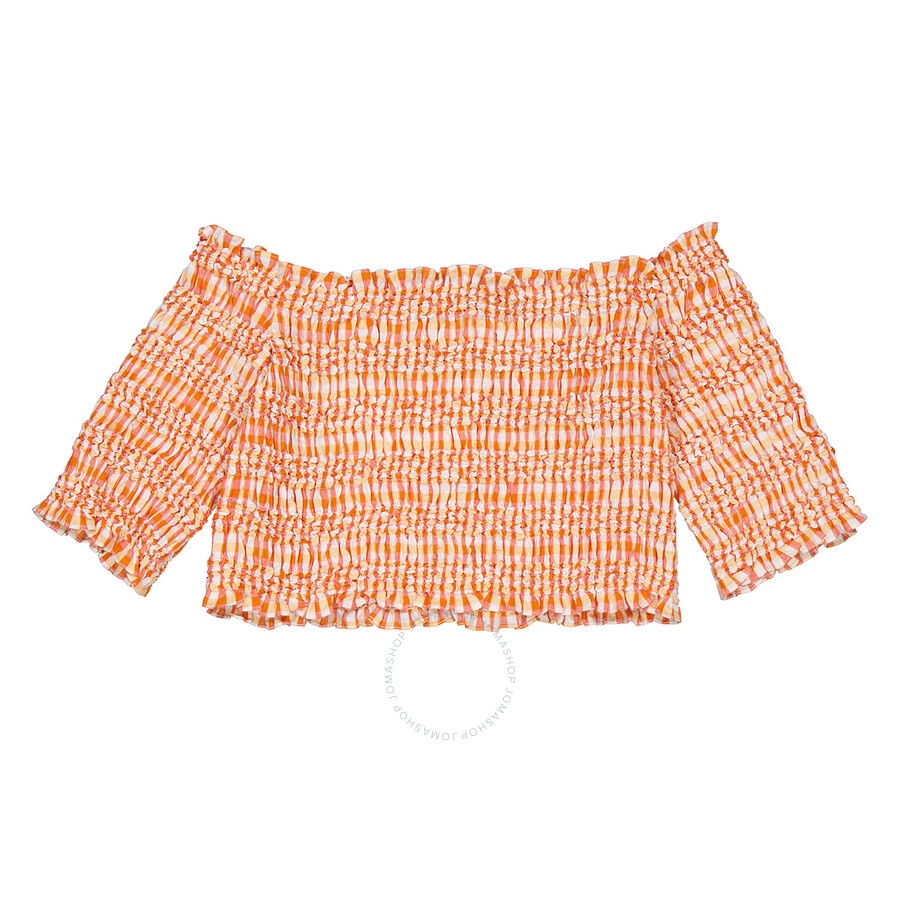 Kenzo Ladies Medium Orange Wavy Vichy Gingham Smocked Crop Top - 6