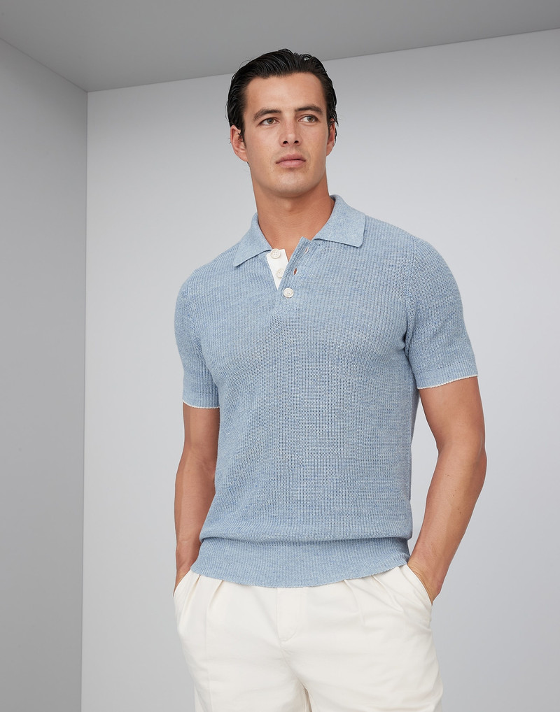 Linen and cotton half English rib knit polo with contrast detail 1