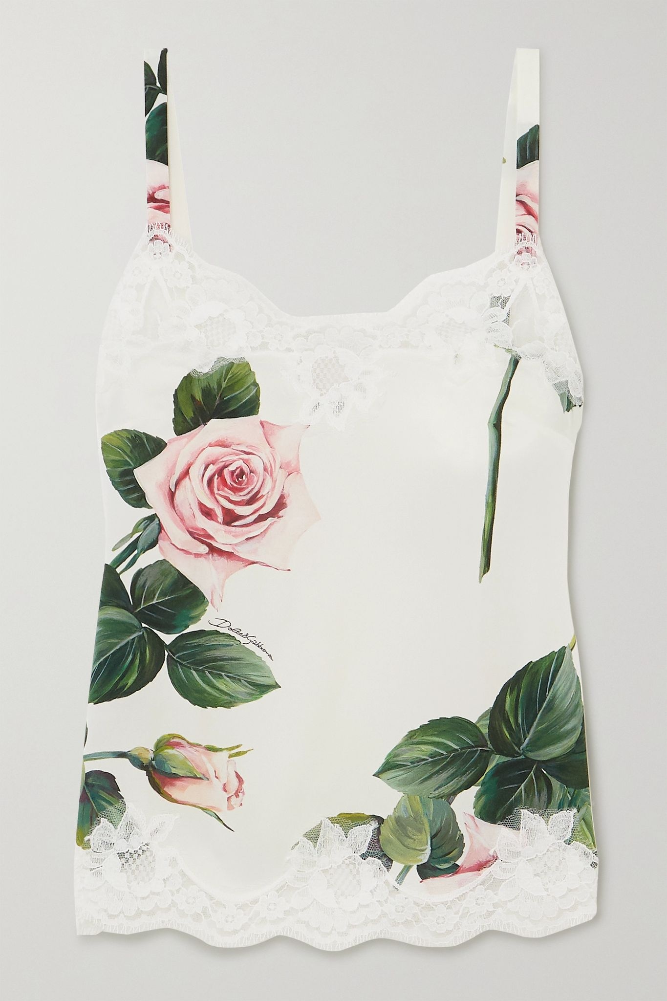 Lace-trimmed floral-print stretch silk-blend camisole - 1