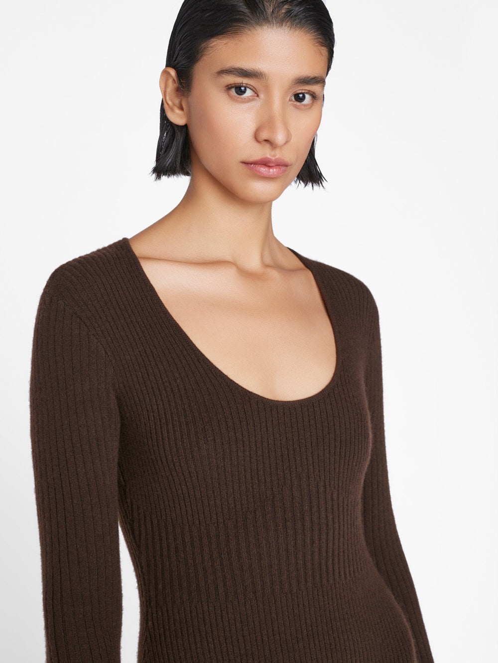 Ribbed Cashmere U-Neck Dress in Espresso - 5