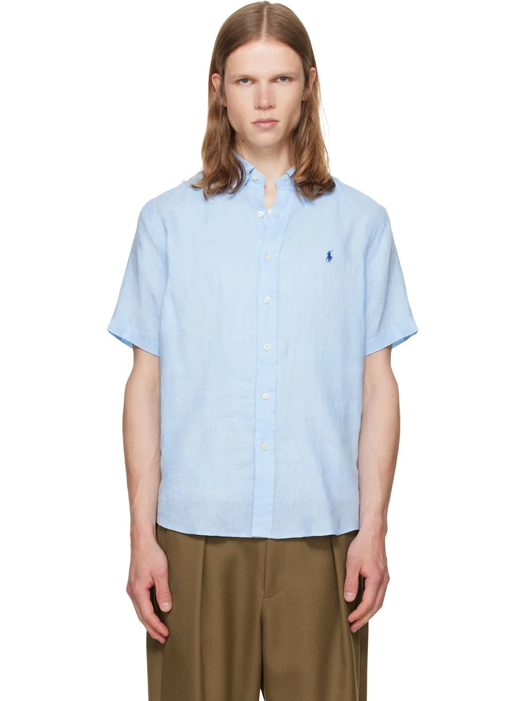 Blue Linen Short Sleeve Sport Shirt - 1