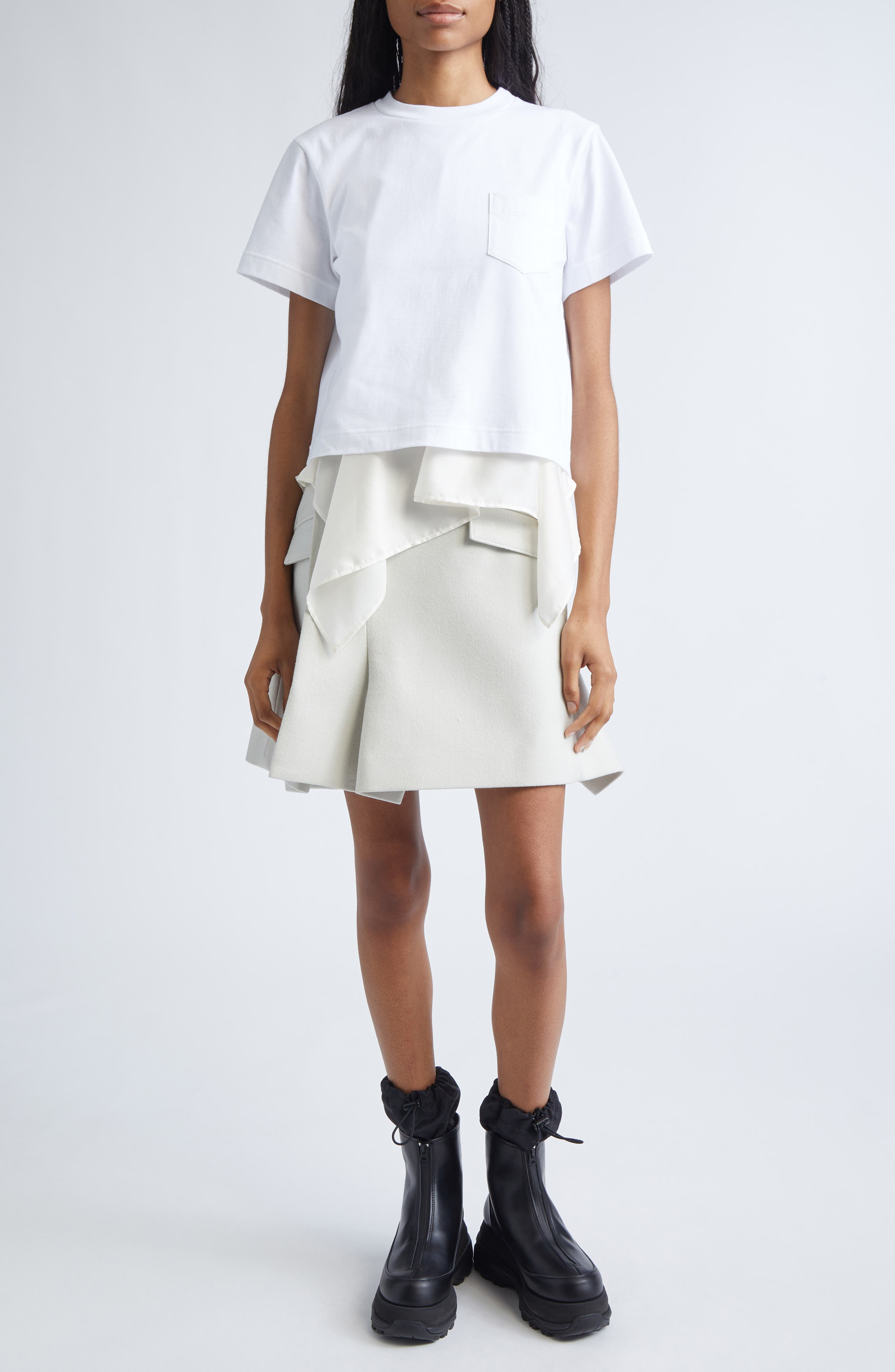 Sacai Mixed Media Satin & Cotton Jersey Pocket T-Shirt in Off White/Ecru at Nordstrom - 2