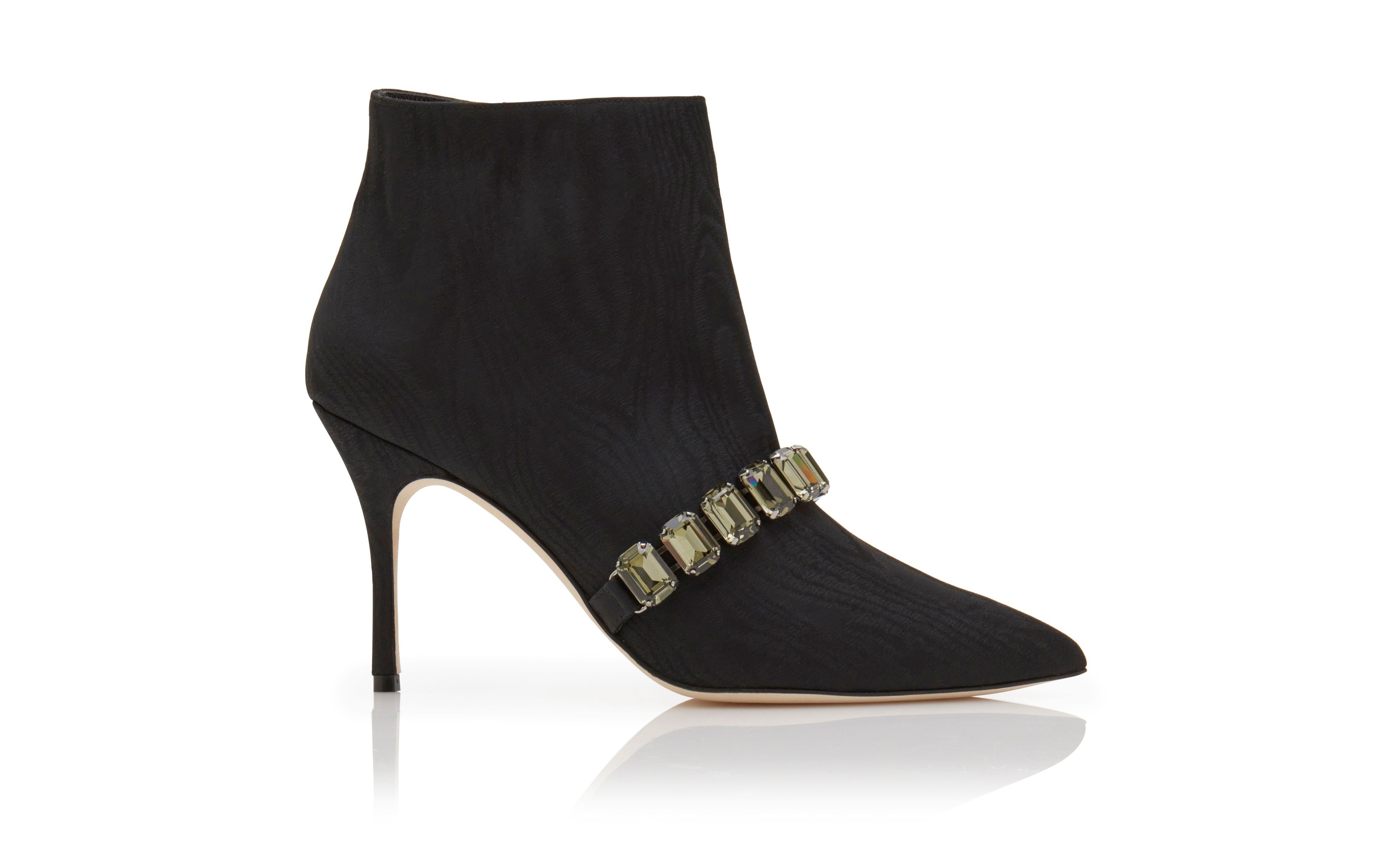 Black Moire Jewel Strap Ankle Boots - 1