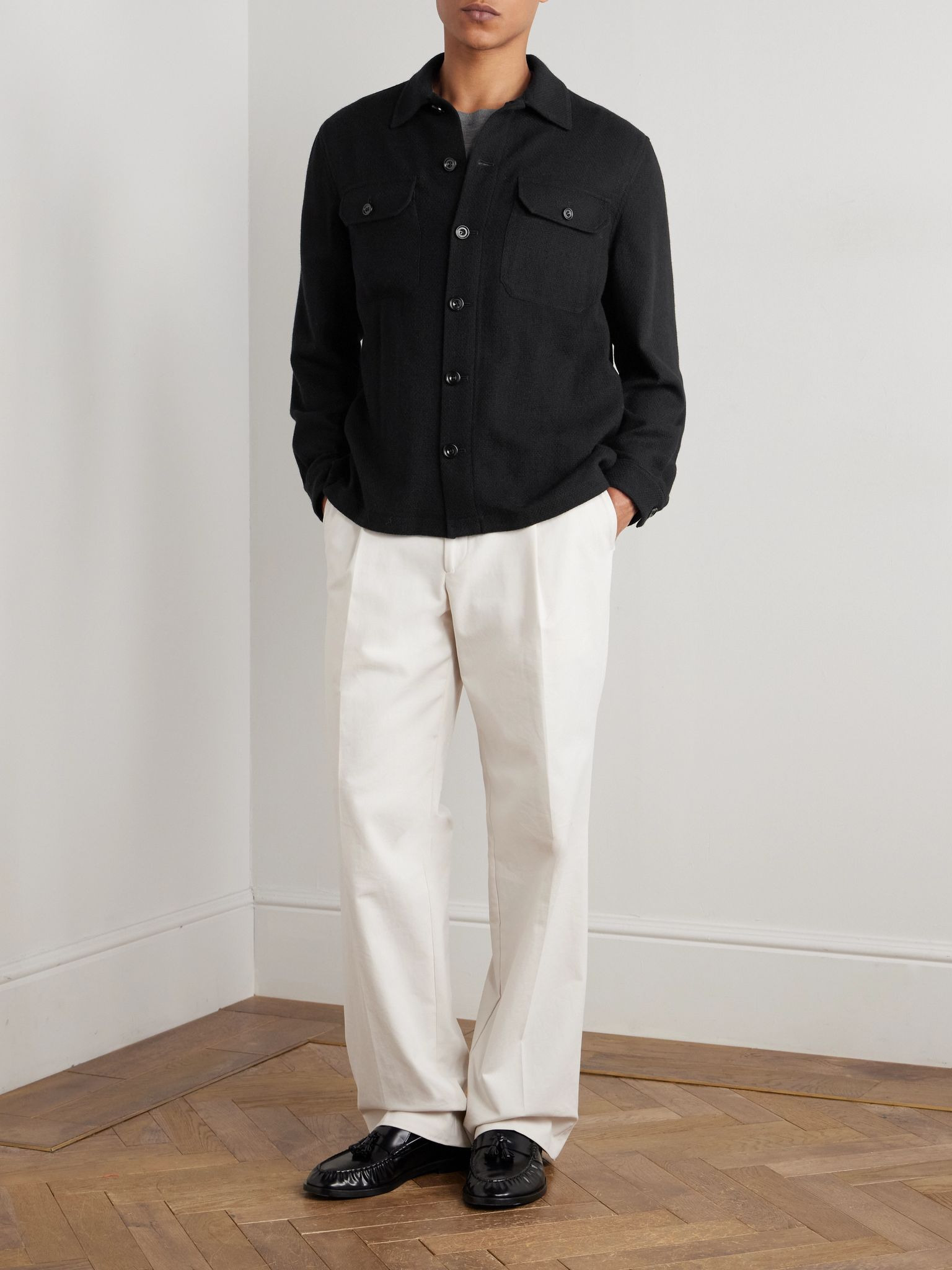 Basketweave-Knit Cashmere Shirt Jacket Black - 2