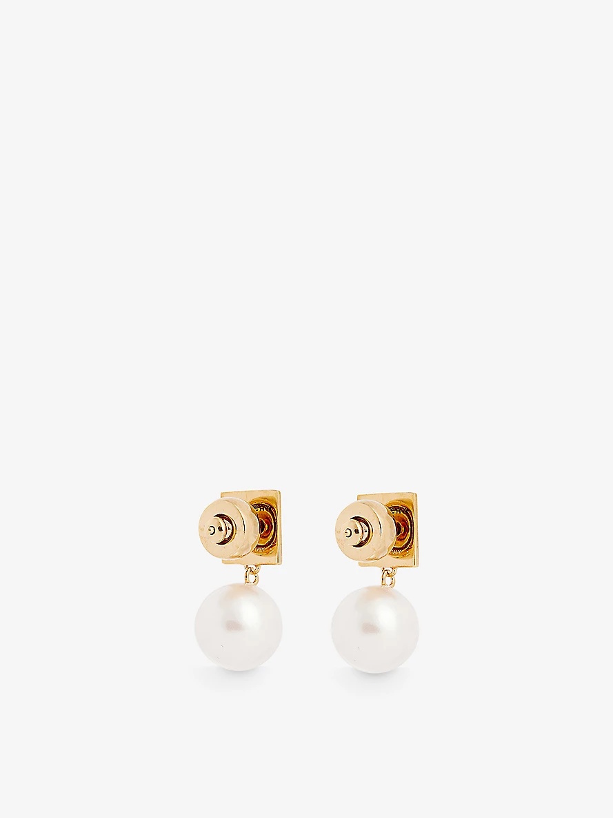 Logo-engraved brass and pearl drop earrings - 3