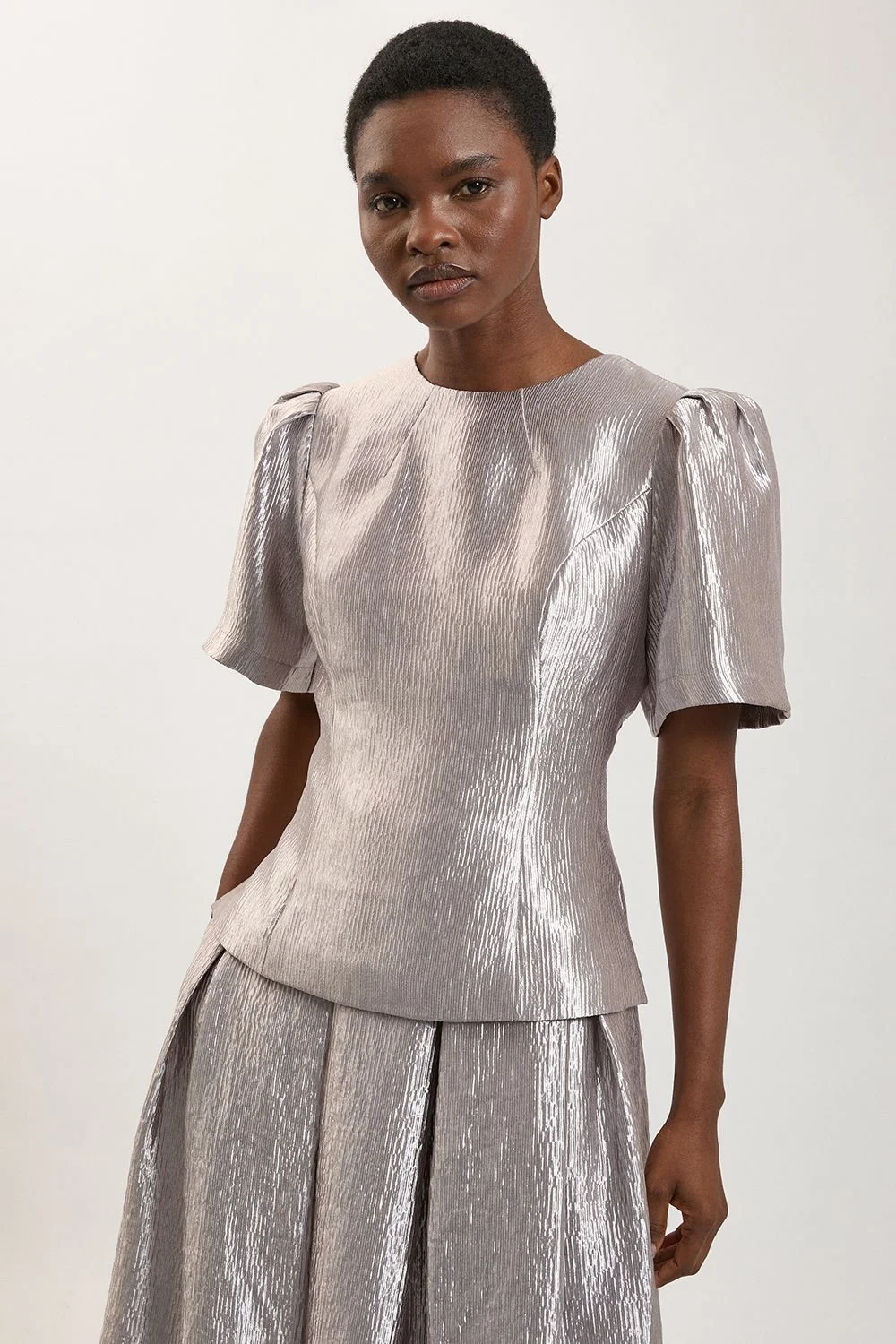 Metallic Textured Puff Sleeve Top - 1