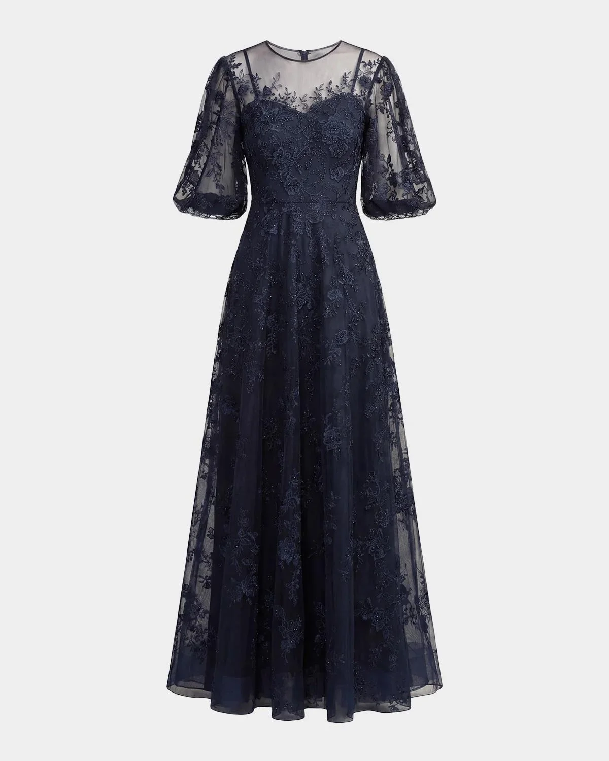 Embroidered Illusion High-Neck Puff-Sleeve A-Line Gown - 1