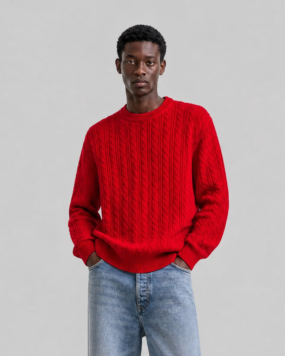 RED WOOL CABLE-KNIT CREW-NECK SWEATER - 1