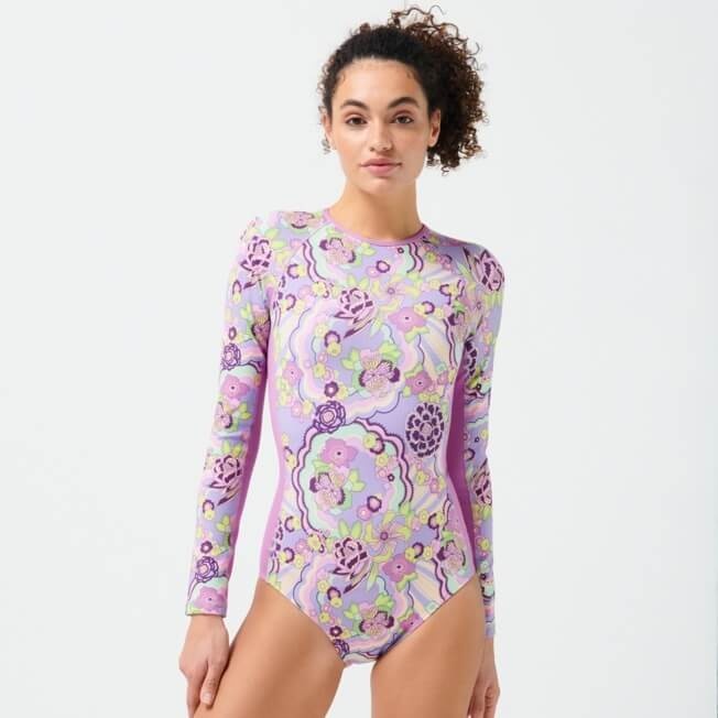 Women Rashguard Long Sleeves One-piece Swimsuit Rainbow Flowers - 3