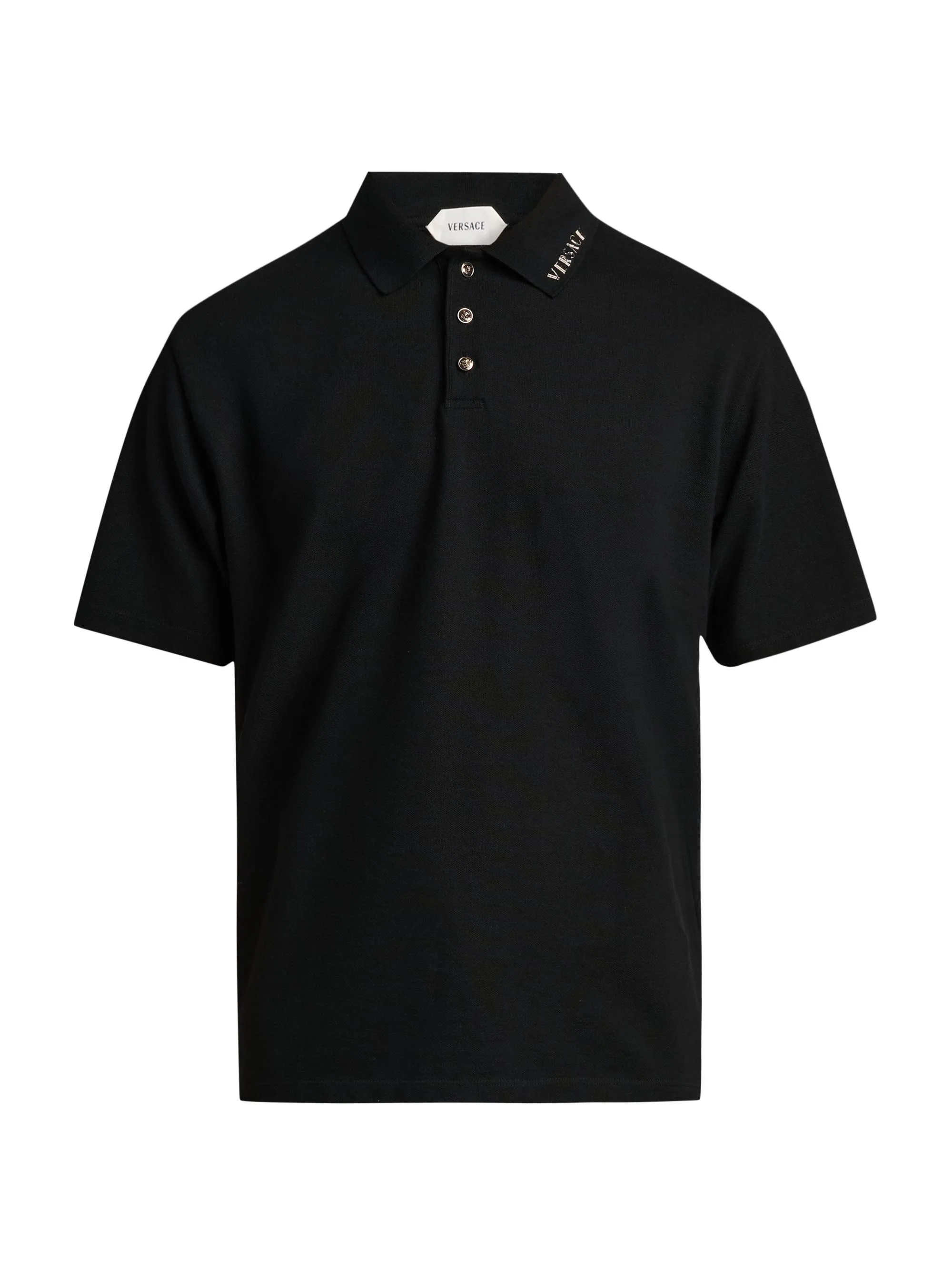 Men's Piquet Medusa Buttons Cotton Polo Shirt - Black - 1