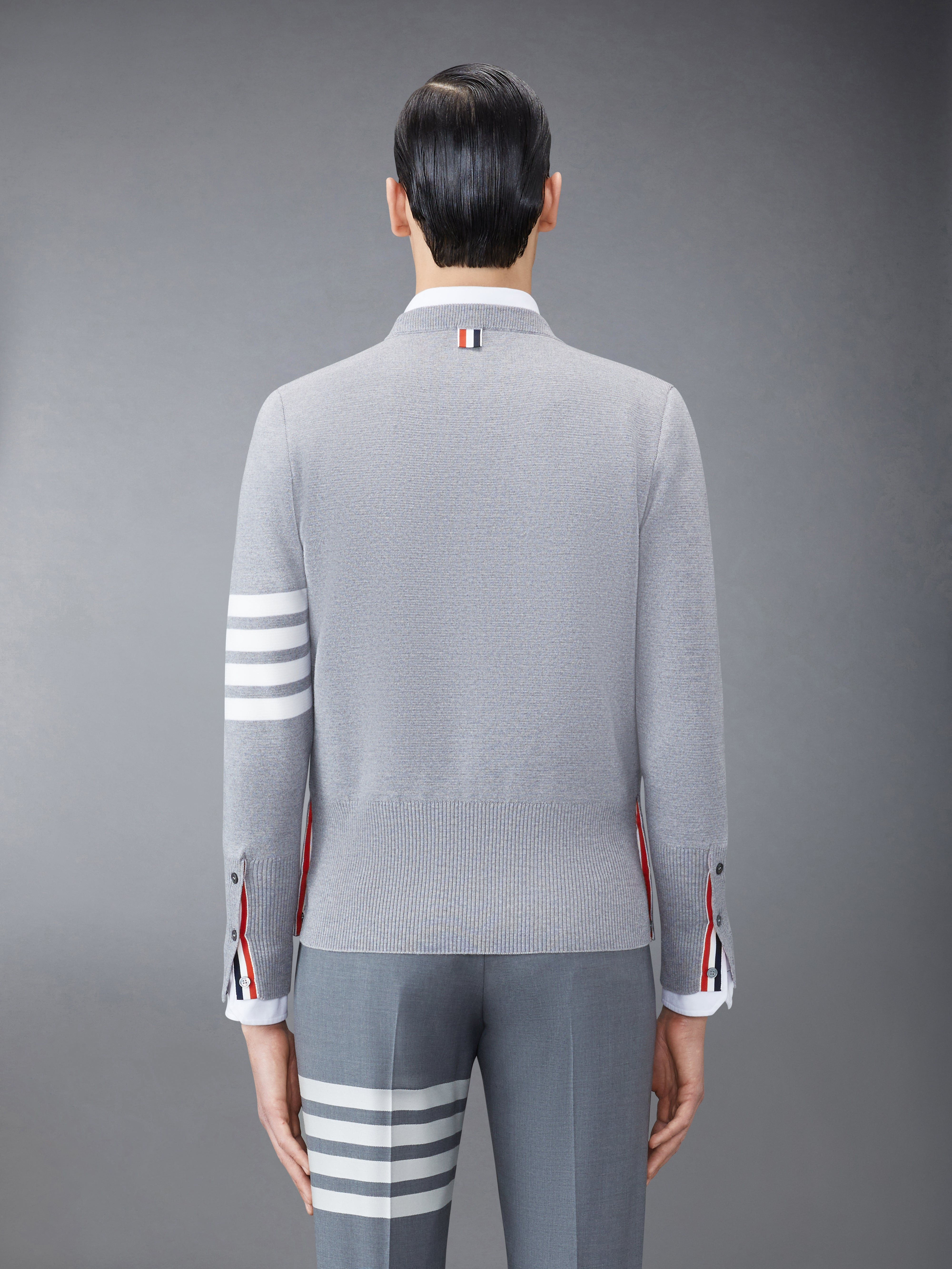 Light Grey Finemerino Wool 4-bar Crew Neck Pullover - 2
