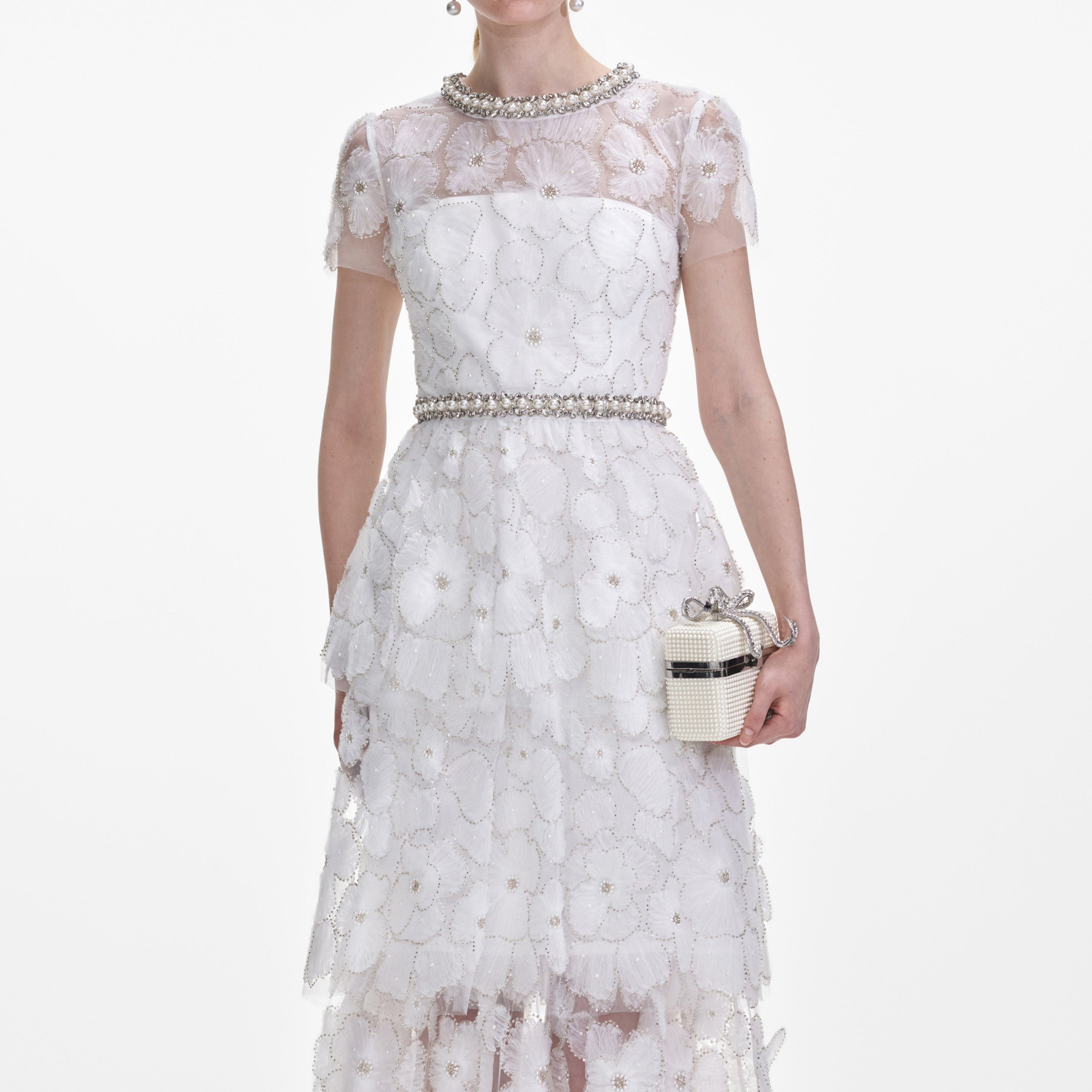 White Embellished Tulle Tiered Midi Dress - 4