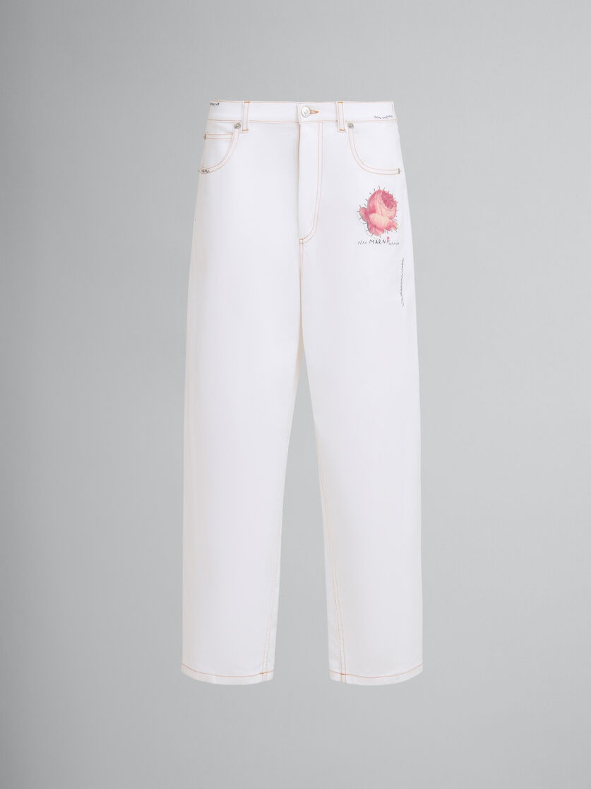 WHITE DENIM TROUSERS WITH FLOWER PATCH - 1