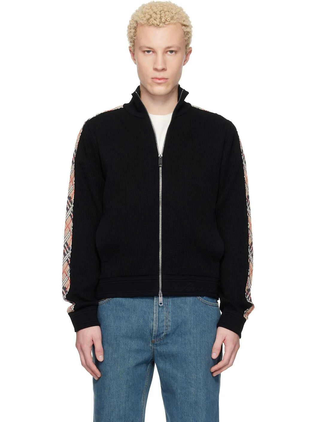 Black Check Trim Zip-Up Sweater - 1