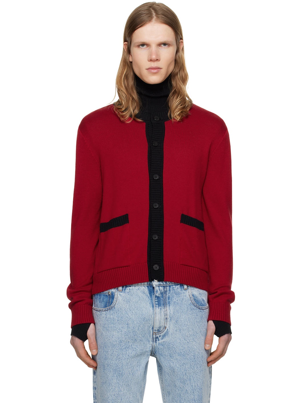 Red Contrast Rib Cardigan - 1