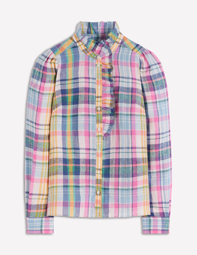 Isabel Ruffle Linen Shirt-Multi Check 1