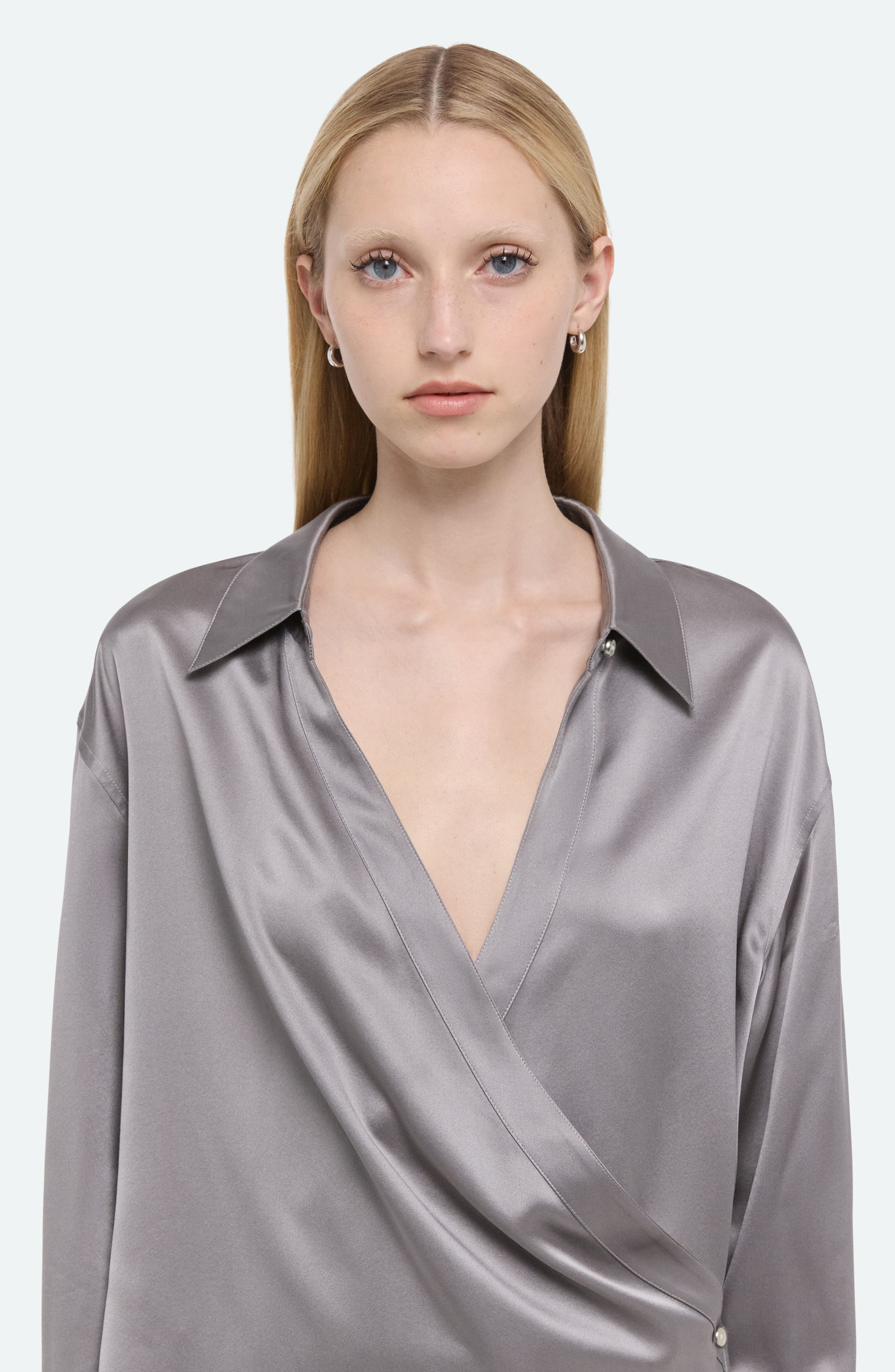Helmut Lang Wrap Front Silk Shirt in Steel at Nordstrom - 4