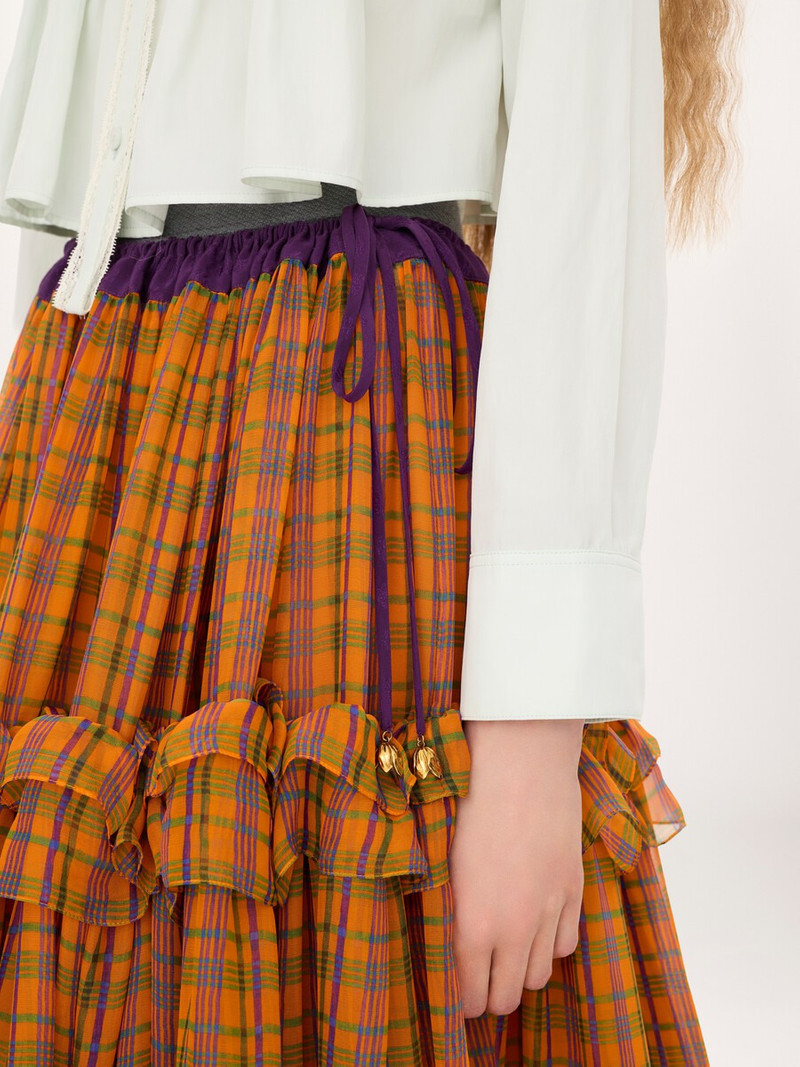 RUFFLED LONG SKIRT IN CHECK SILK MOUSSELINE 5