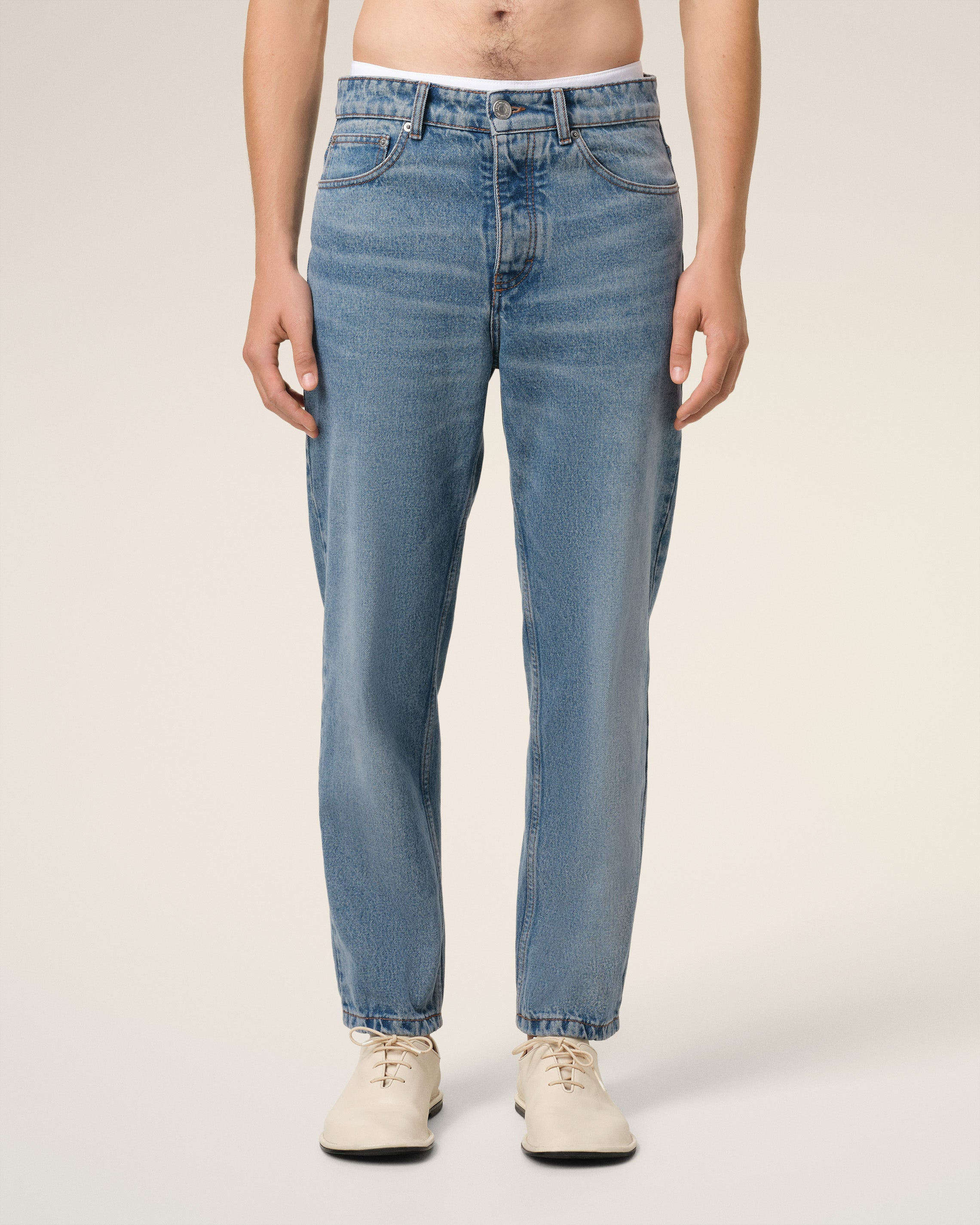 BLUE COTTON TAPERED FIT JEANS - 3