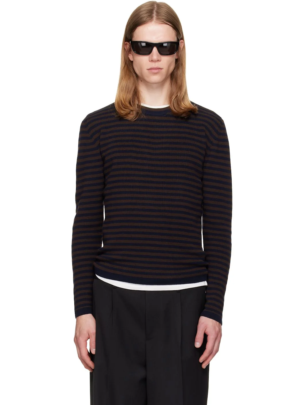 Brown & Navy Merino Wool Essential Stripe Sweater - 1