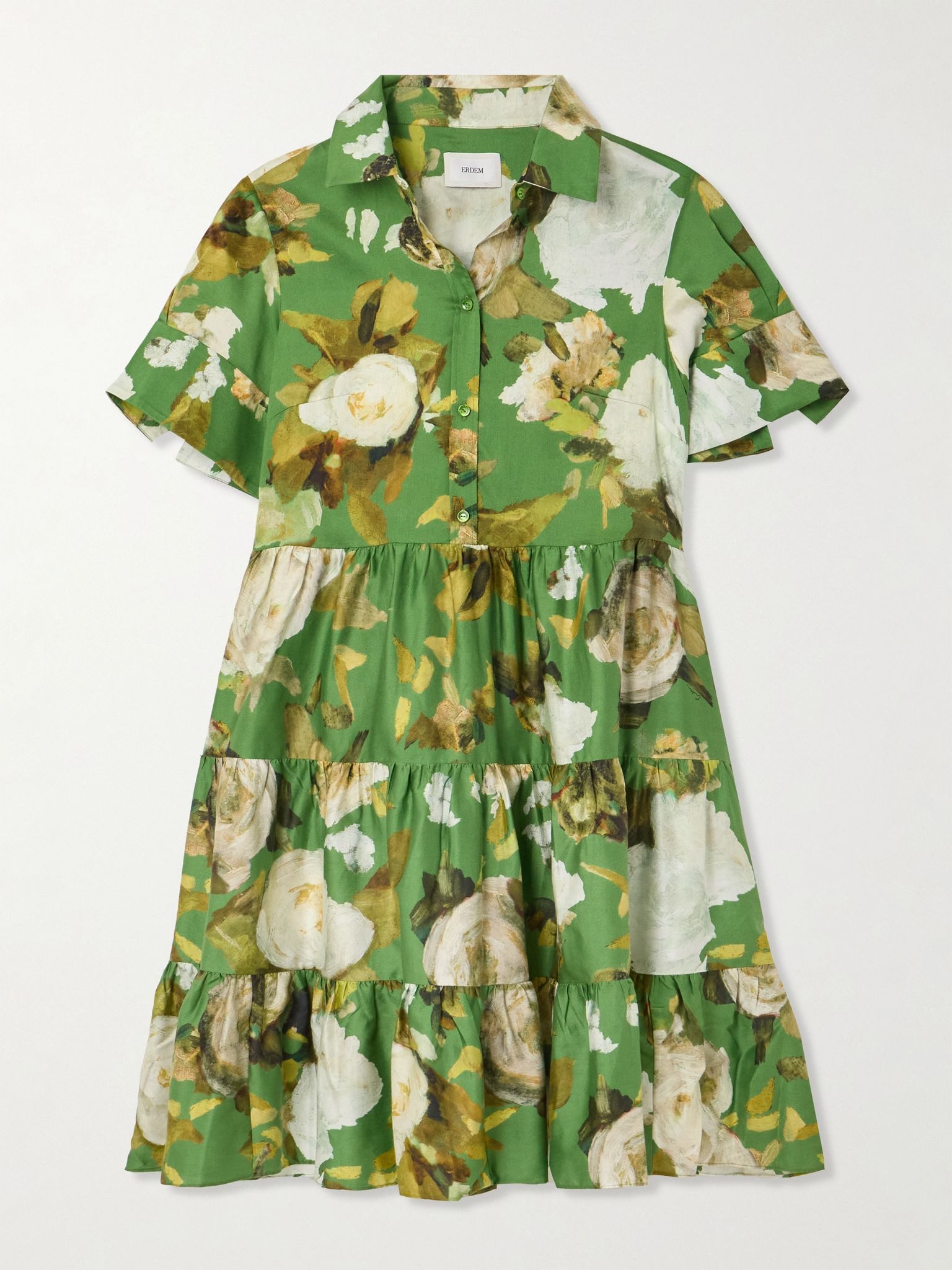 Gathered tiered floral-print cotton-poplin mini shirt dress Green - 1