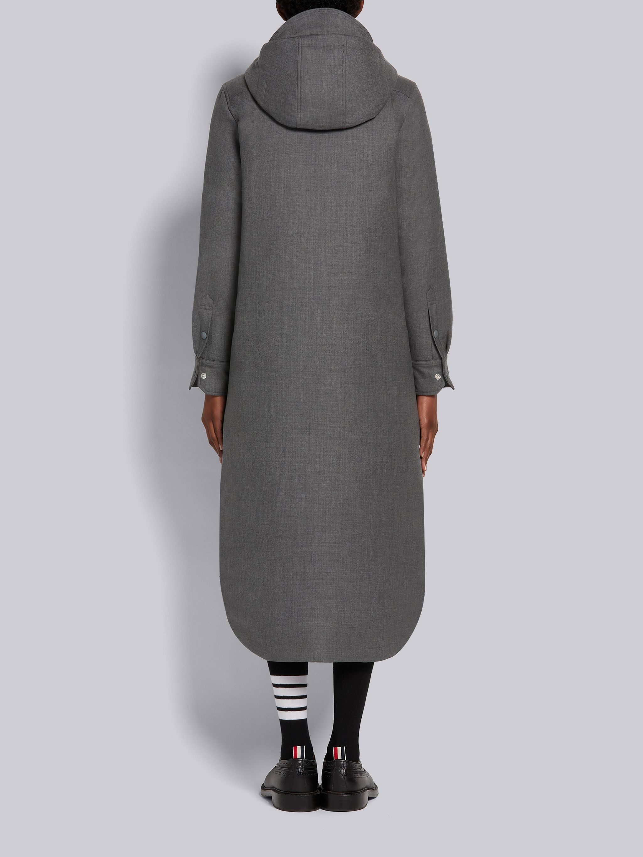 Medium Grey Down-filled Super 120's Wool Twill Drawstring Mid-calf Hooded Shirtdress - 2