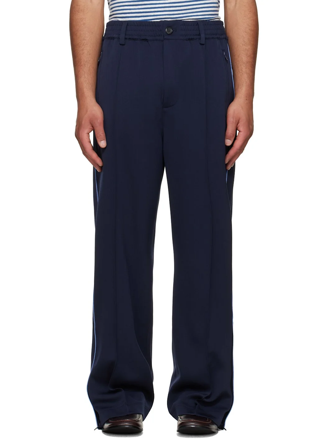 Navy Piped Wool Twill Trousers - 1