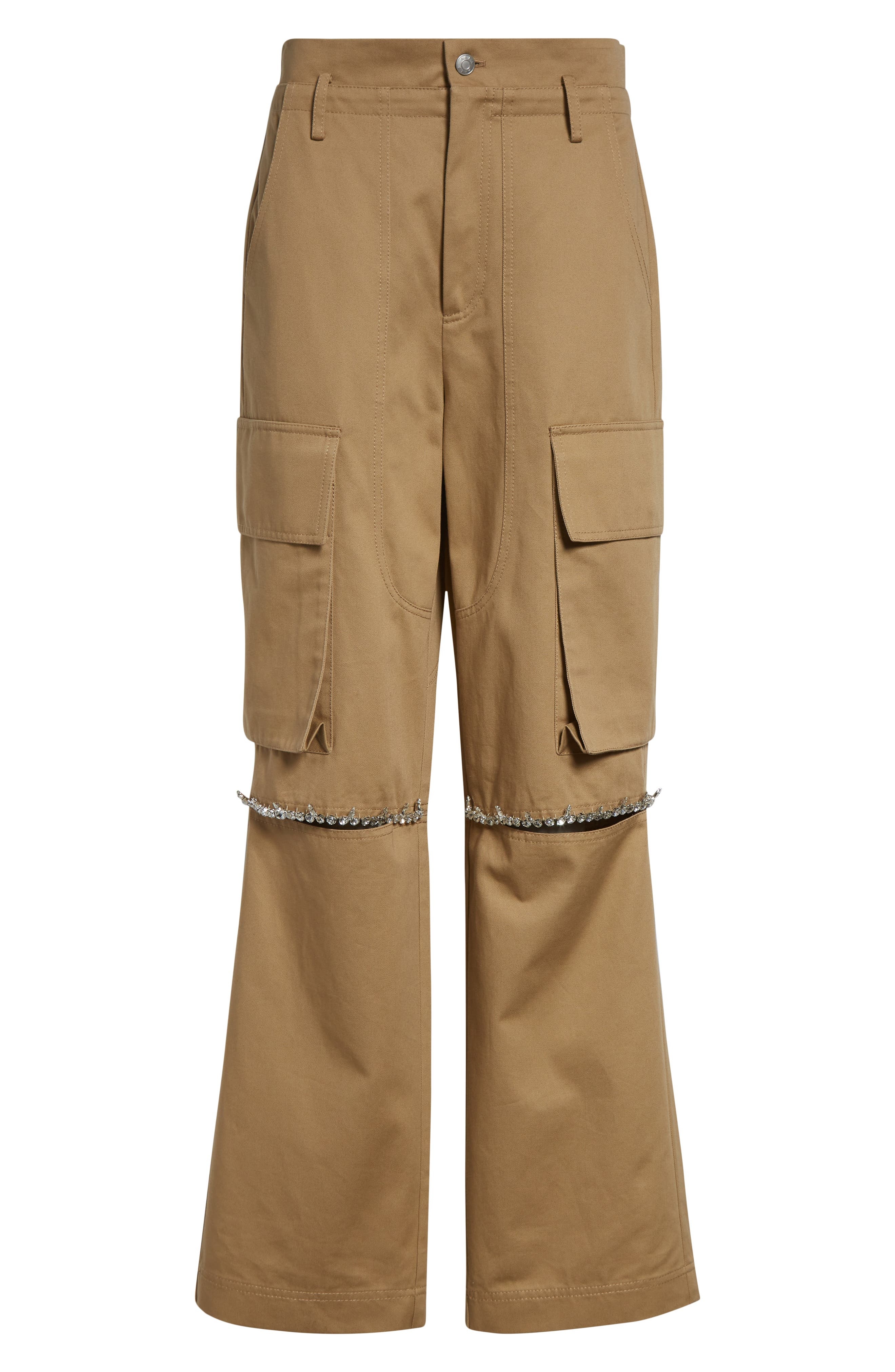 Area Crystal Trim Slit Cargo Pants in Tan at Nordstrom - 6