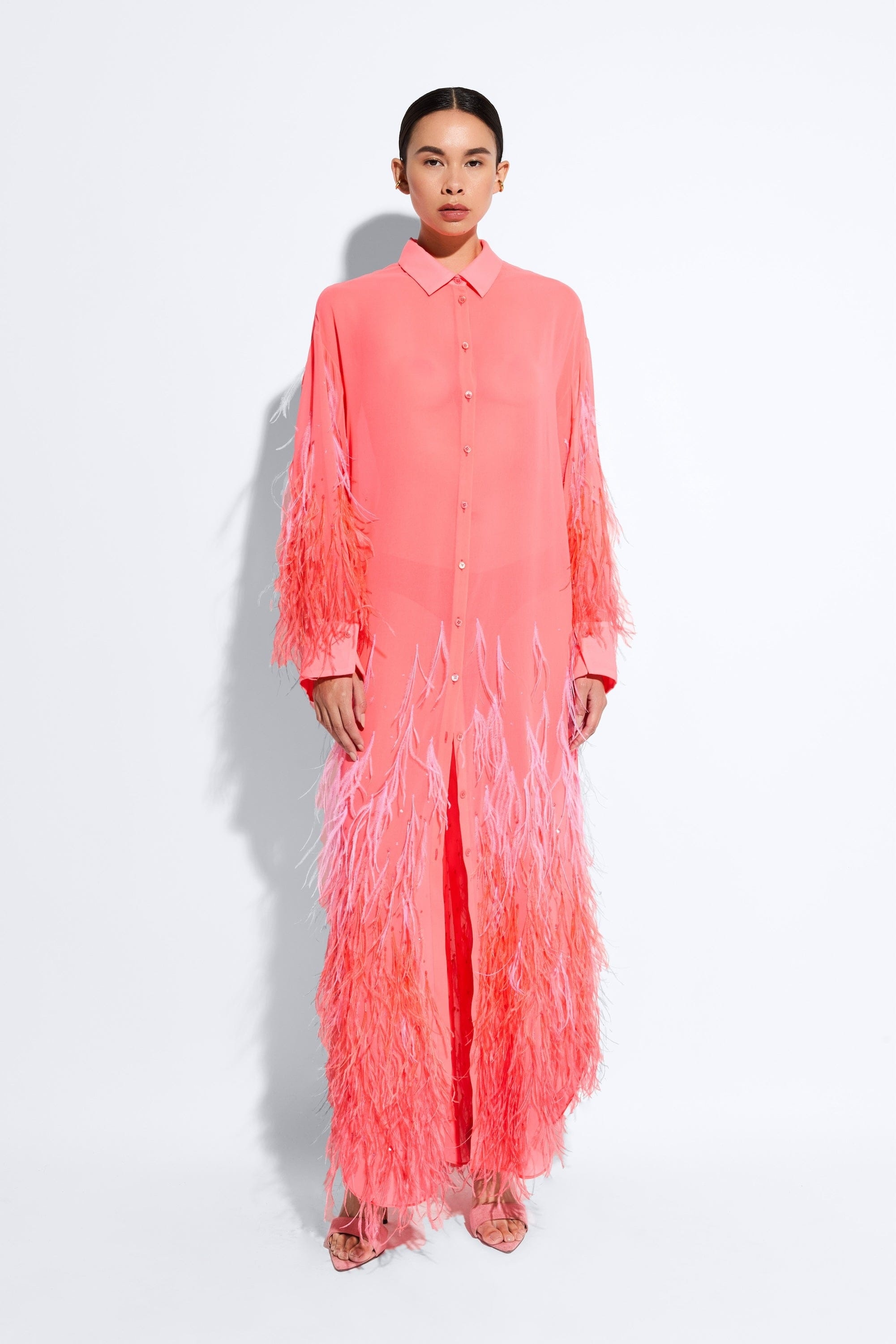 Lightweight Georgette Long Button Down With Feathers - 2
