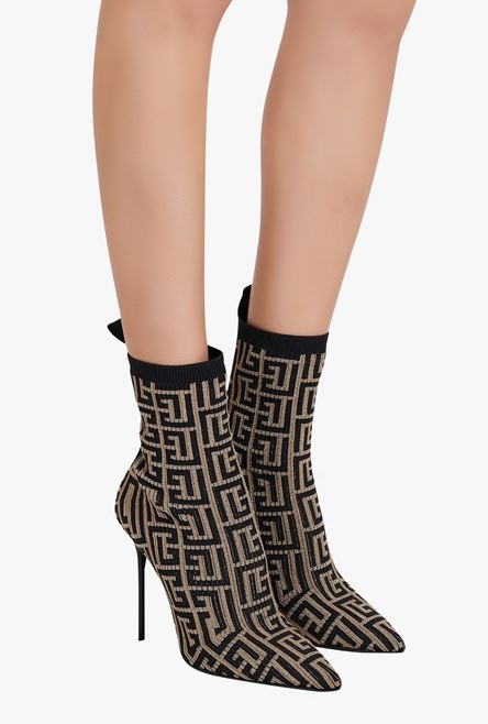 Bicolor shiny stretch knit Skye ankle boots with gold and black Balmain monogram - 7