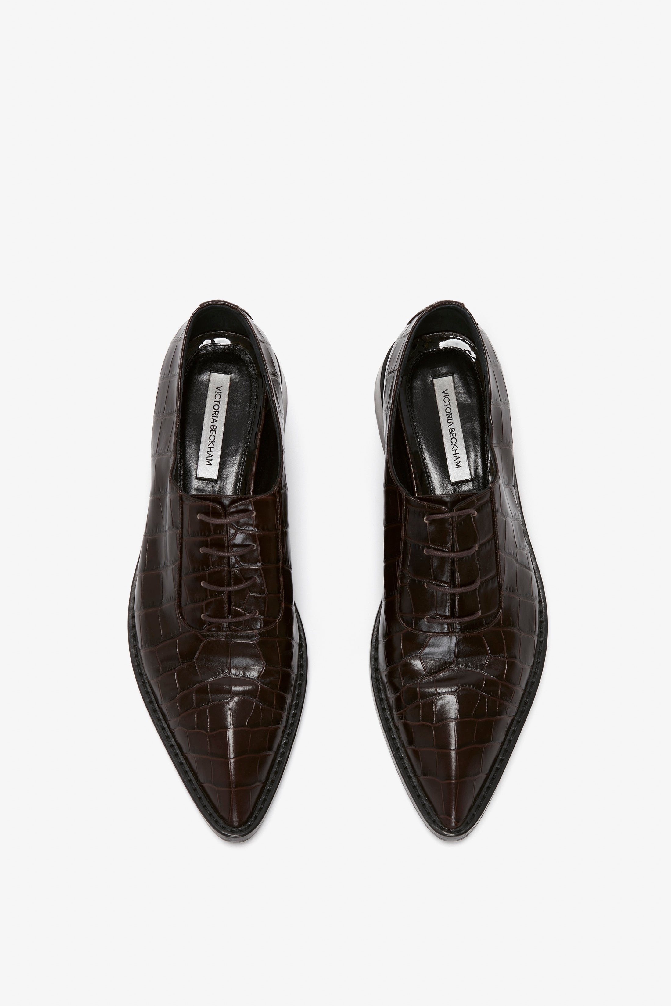 Pointy Toe Flat Lace Up In Chocolate Croc-Effect Leather - 4