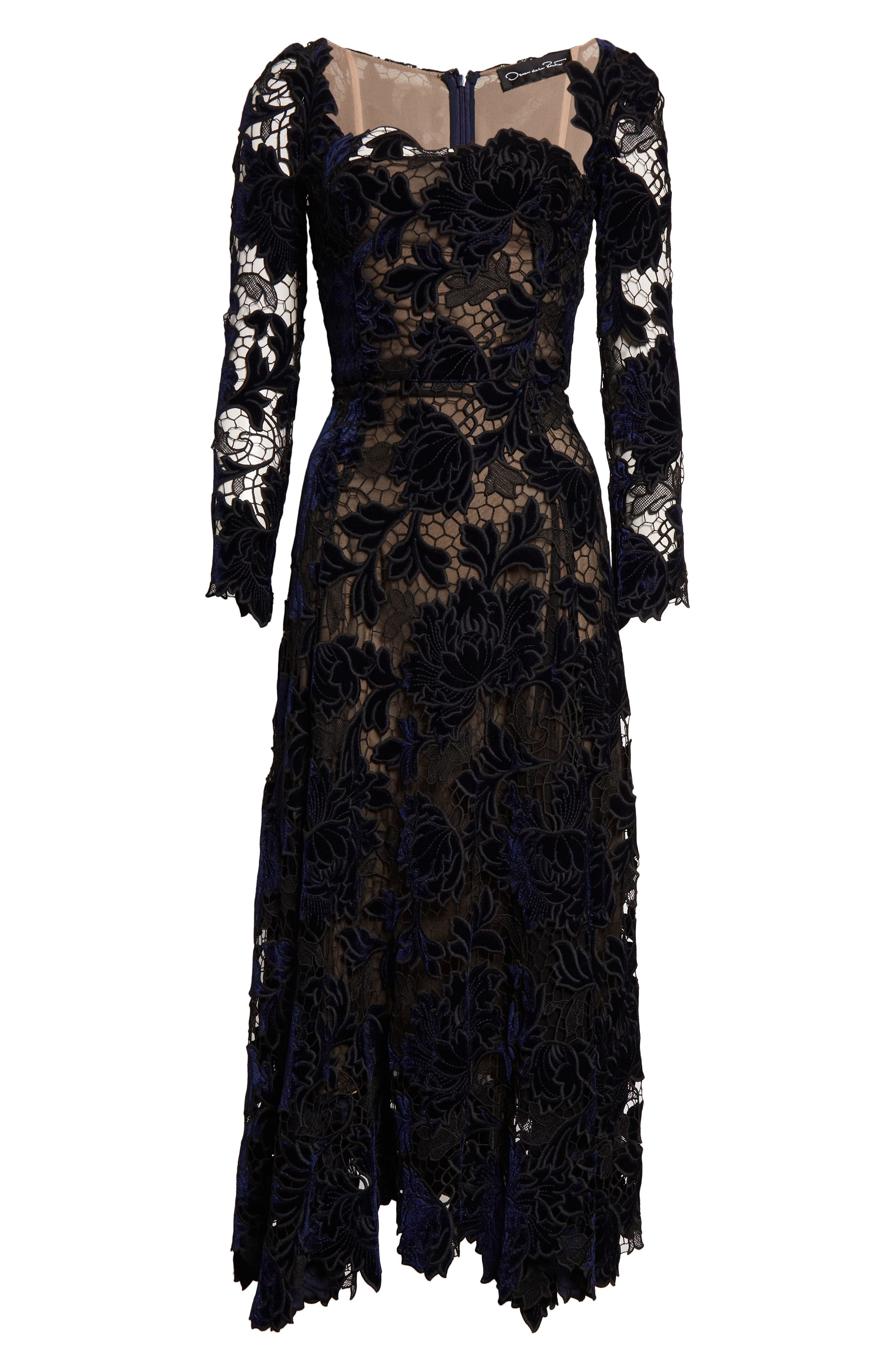 Oscar de la Renta Peony Velvet Guipure Lace Dress in Navy at Nordstrom - 5