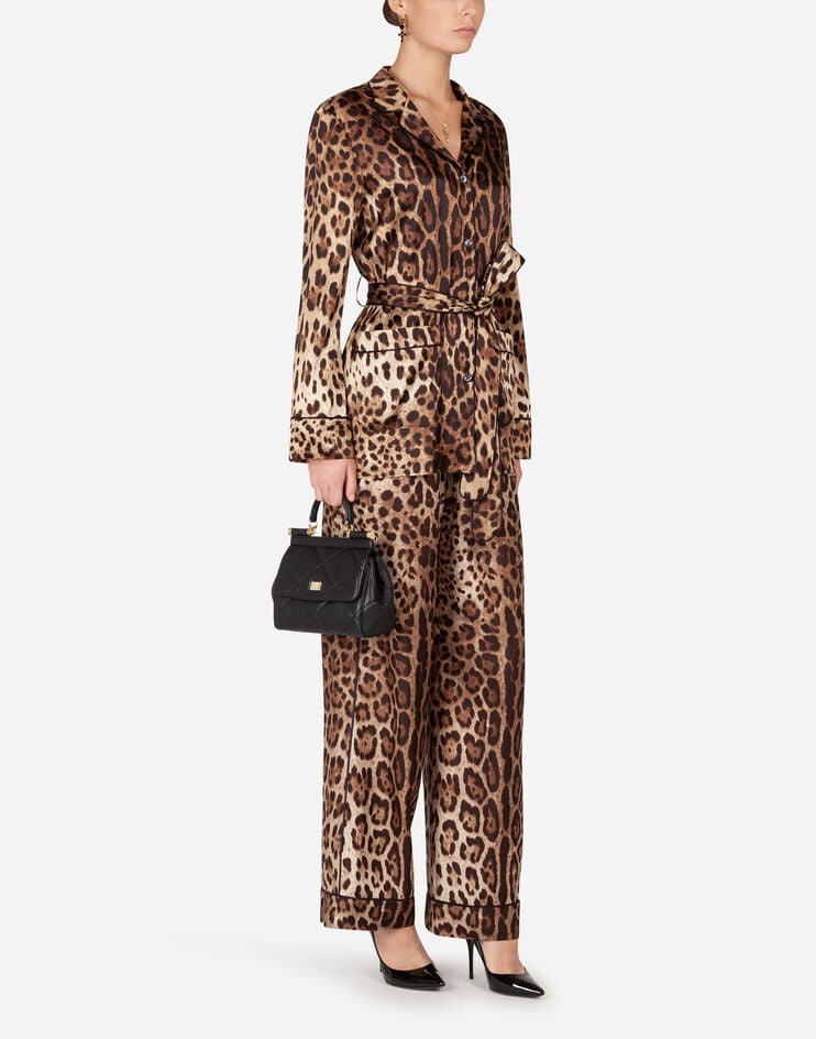 Leopard-print satin pajama shirt with belt - 6