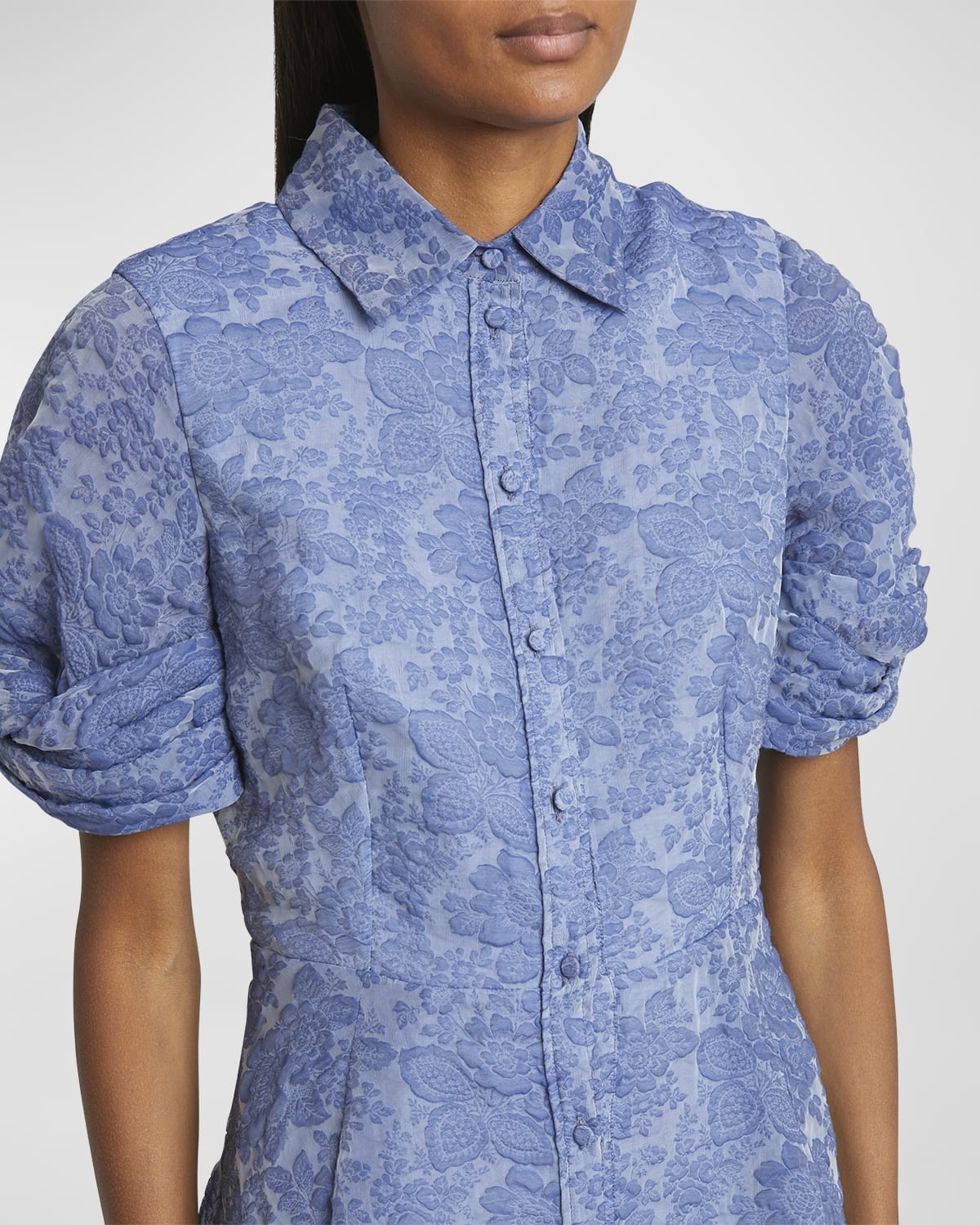 Twisted Short-Sleeve Floral Brocade Midi Shirtdress - 5