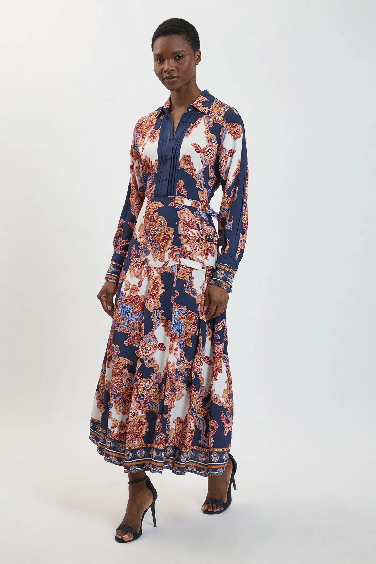 Baroque Print Belt Detail Viscose Midi Shirt Dress - 1