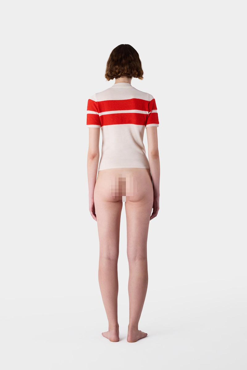 STRIPED KNIT SHORTSLEEVE TOP / off white & acid red 7