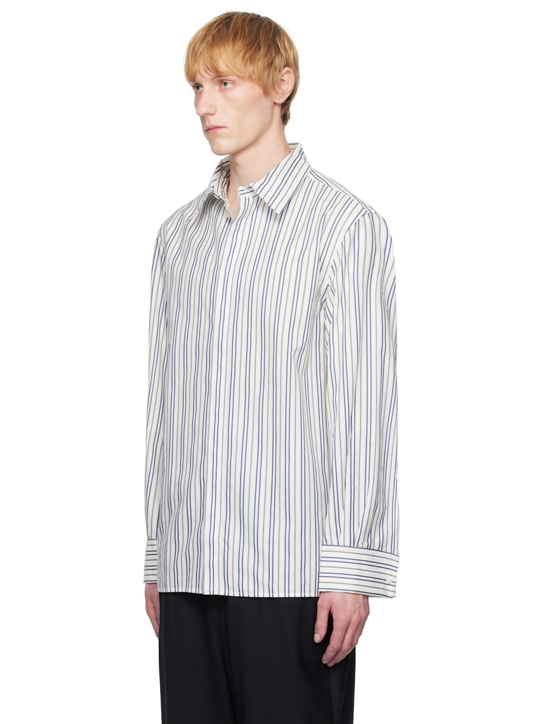 Off-White & Navy Regenerated Striped Poplin Button Up Shirt - 4