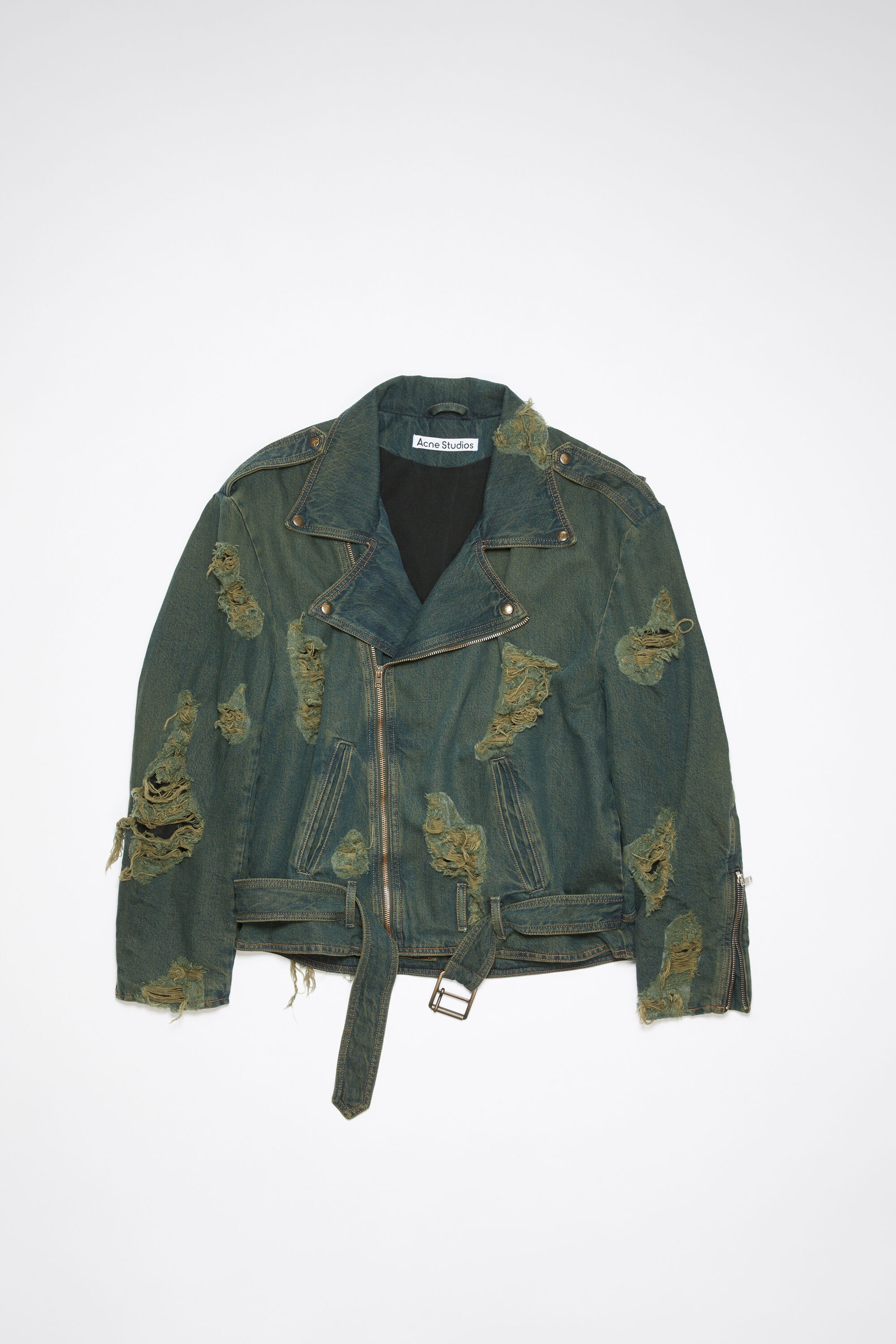 Distressed denim biker jacket - Blue/green - 7