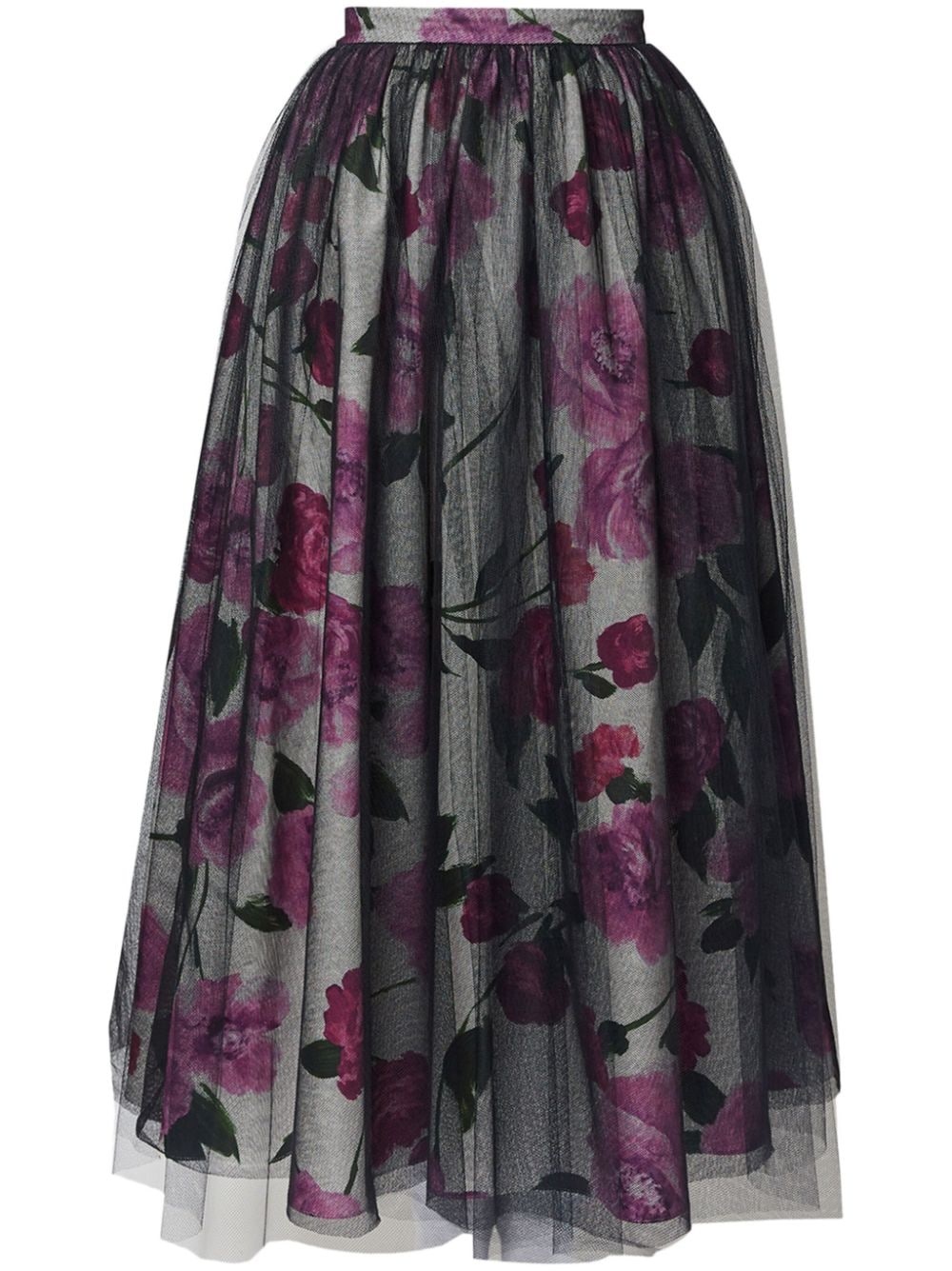 tulle-overlay floral-print midi skirt - 1