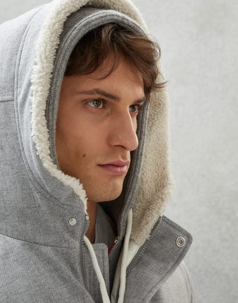 Wool, silk and cashmere bonded diagonal parka with down padding and shearling-lined hood 3