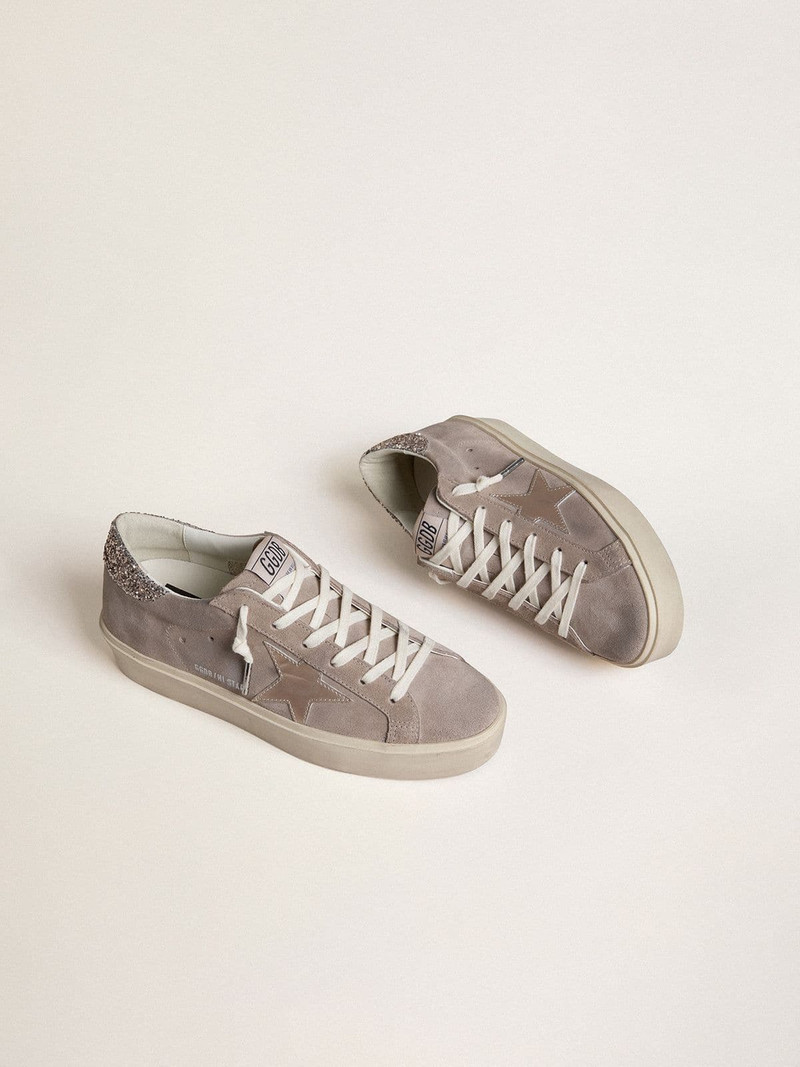 Golden Goose Women’s Hi Star sneakers in beige suede with laminated leather star and glitter heel tab outlook