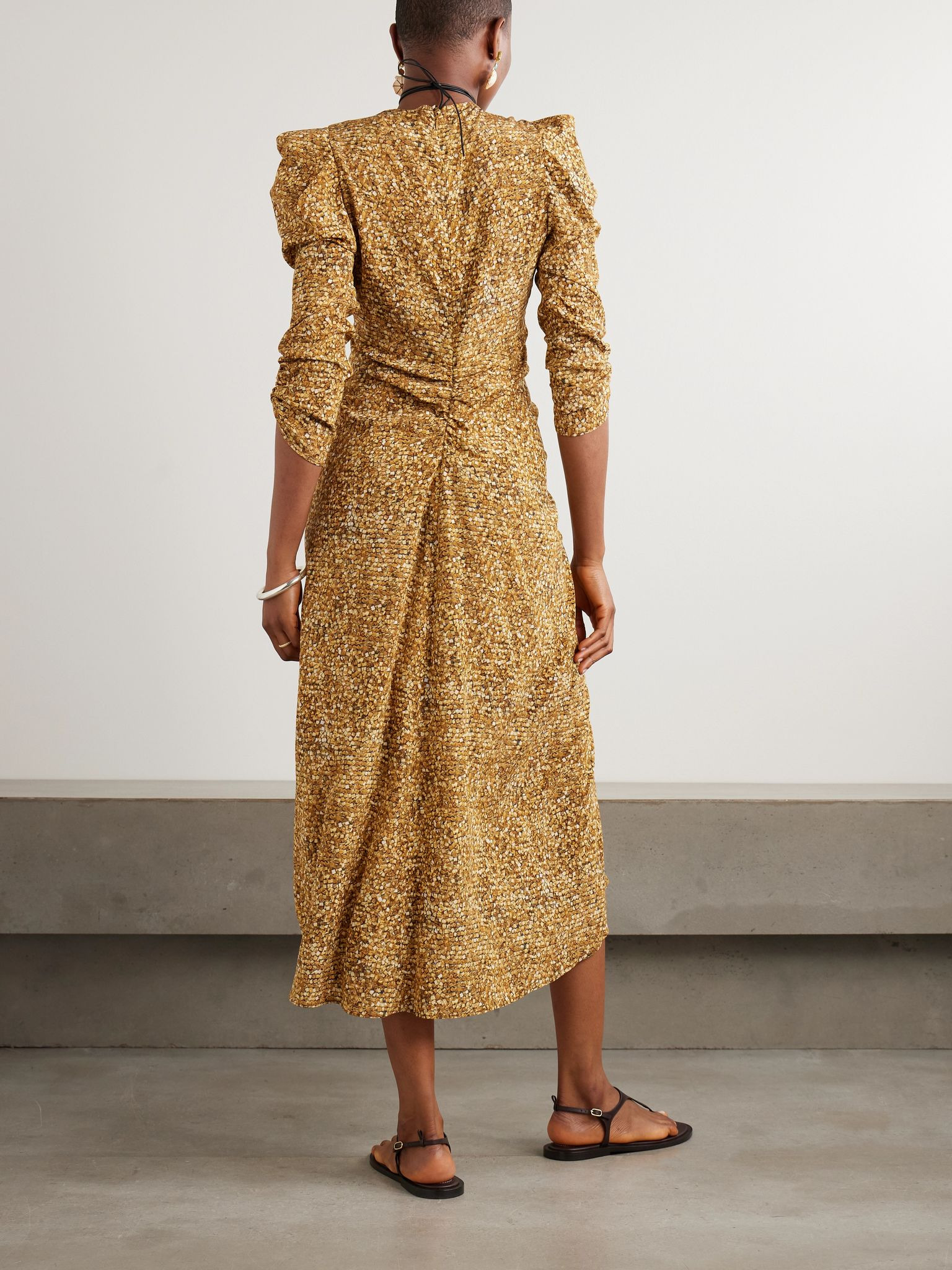 Albini printed gathered silk-blend midi dress Brown - 3