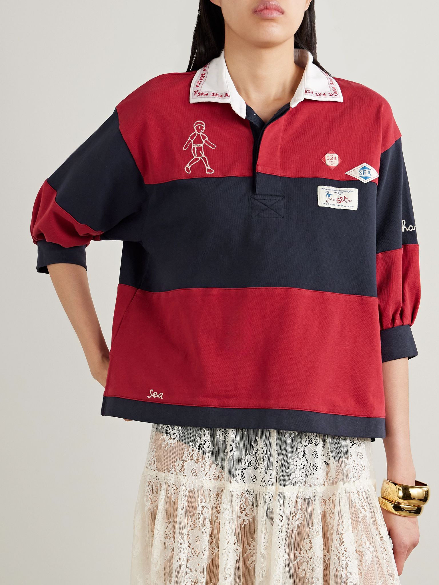 Carolyn appliquéd embroidered striped cotton-jersey polo shirt Red - 3