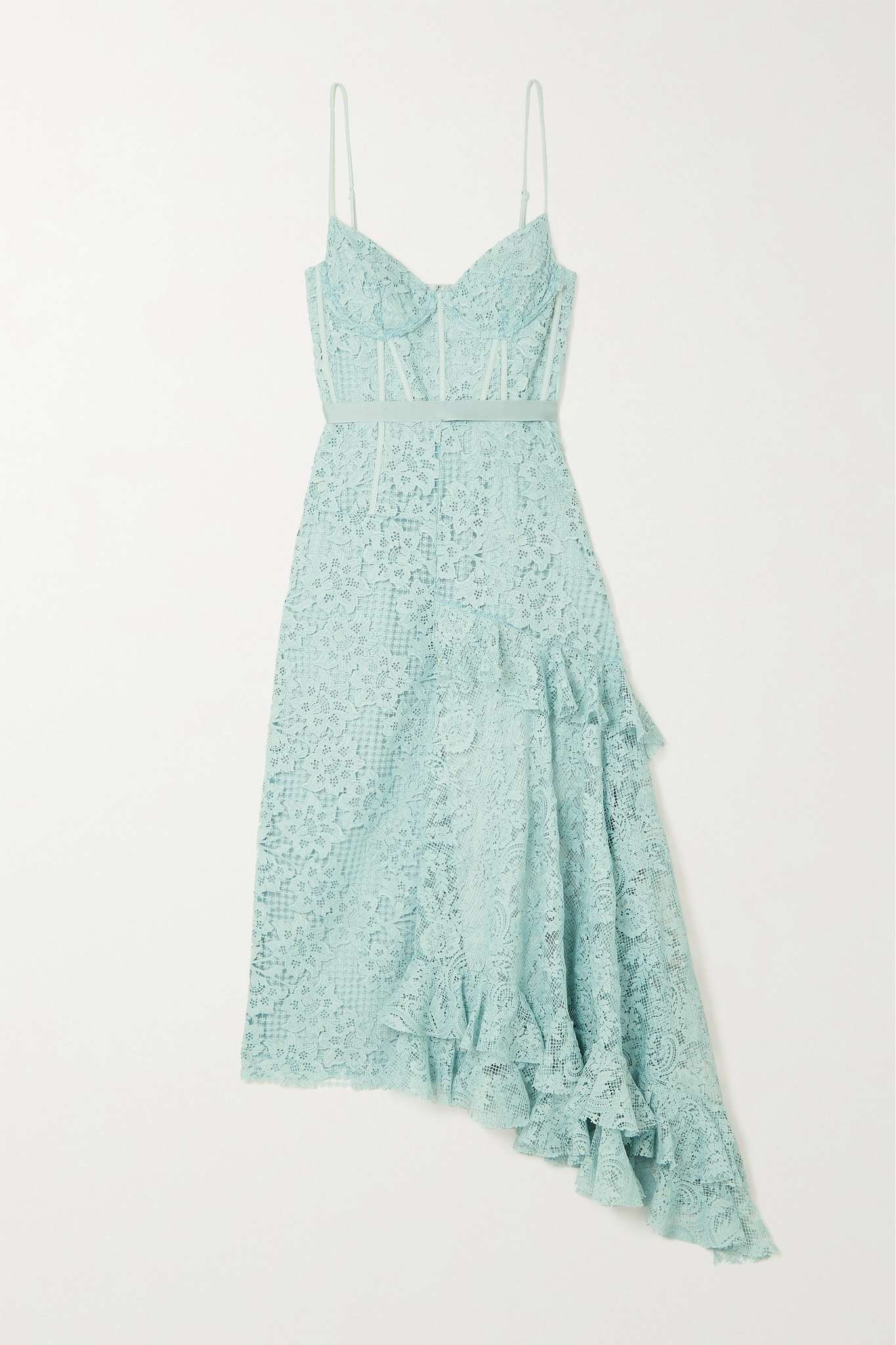 Melora asymmetric ruffled satin-trimmed recycled-lace midi dress - 1