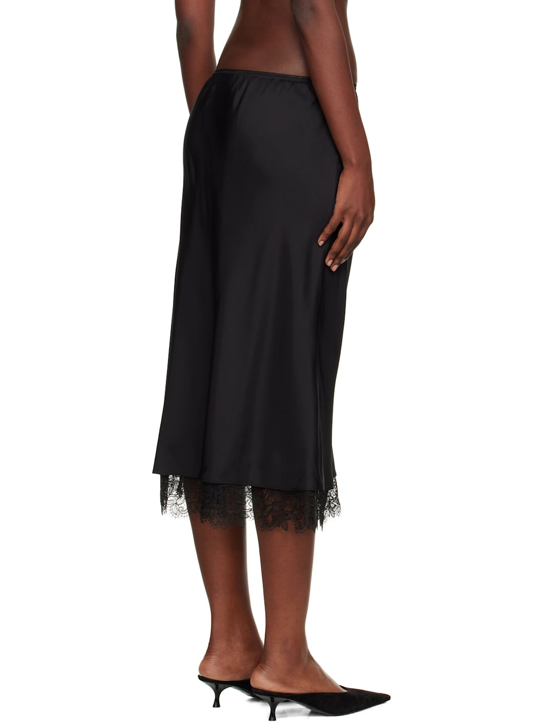 Black Lace-Trimmed Silk Midi Skirt - 3