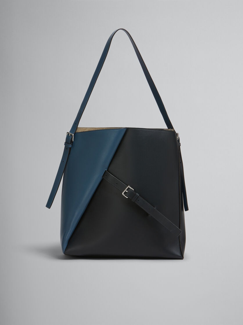 DEEP BLUE AND BLACK LEATHER REVERSE HOBO BAG - 1