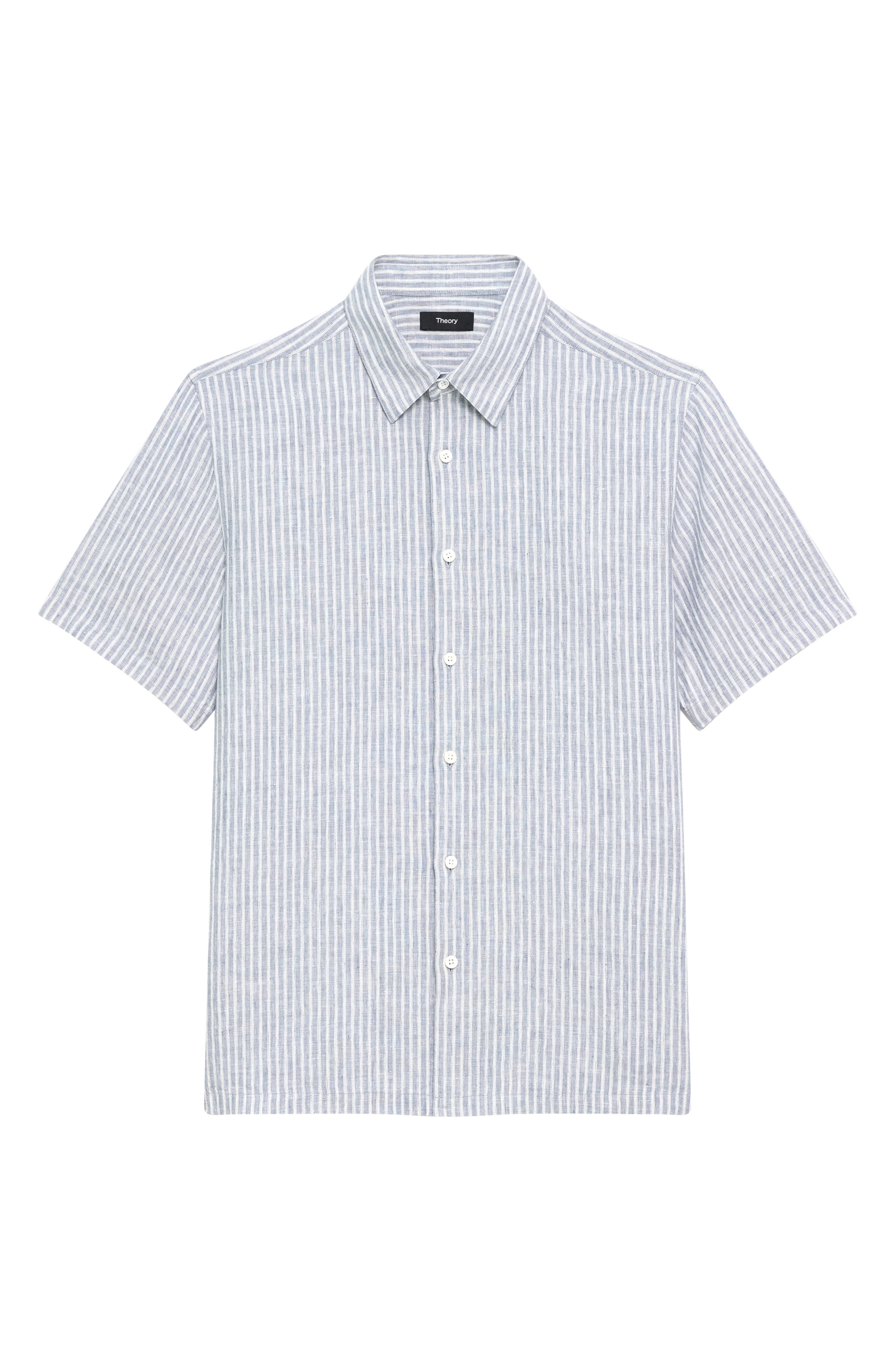 Theory Irving Stripe Short Sleeve Linen Button-Up Shirt in Dark Rainstorm/Eggshell at Nordstrom - 4