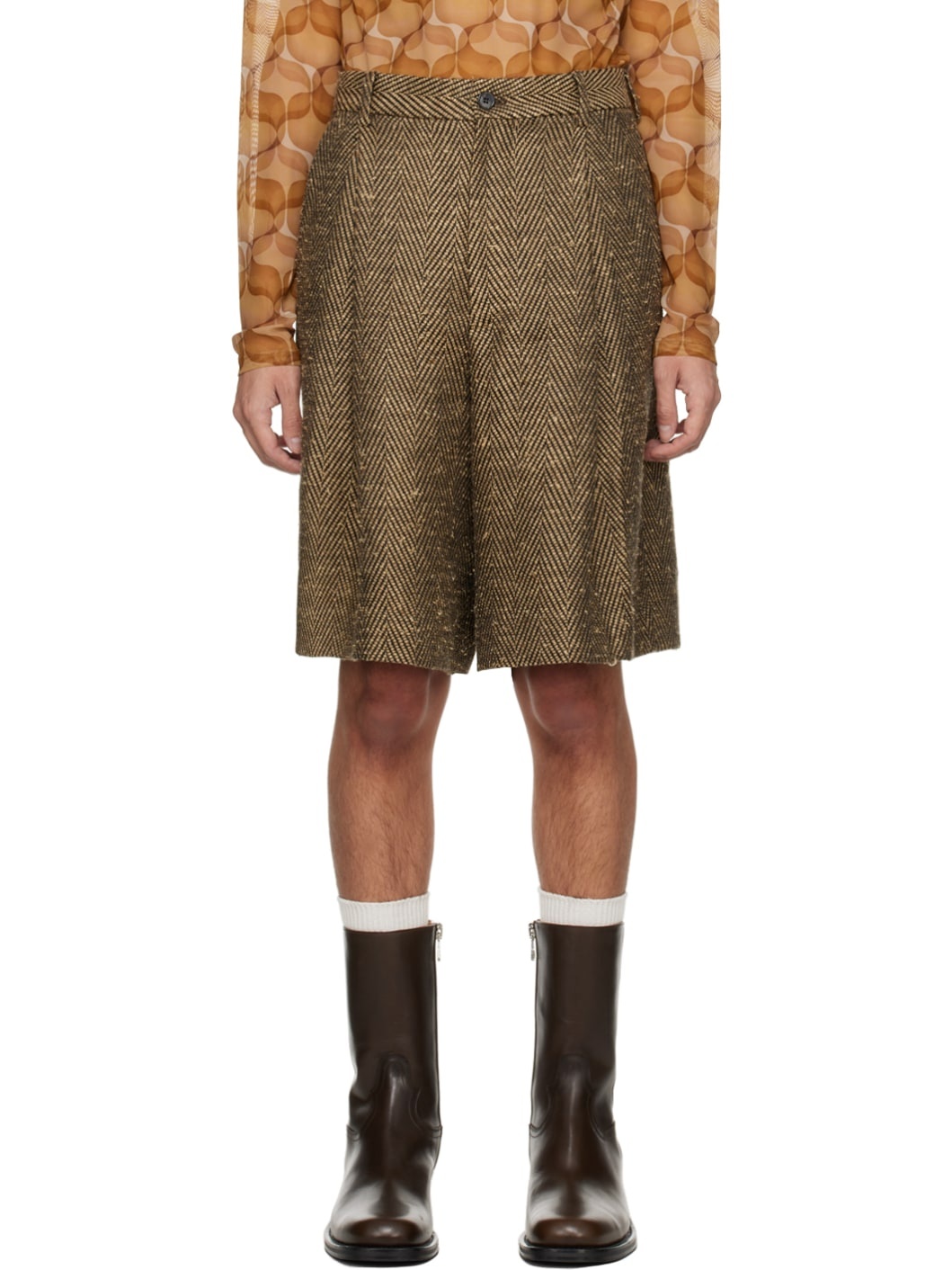 Brown Herringbone Shorts - 1