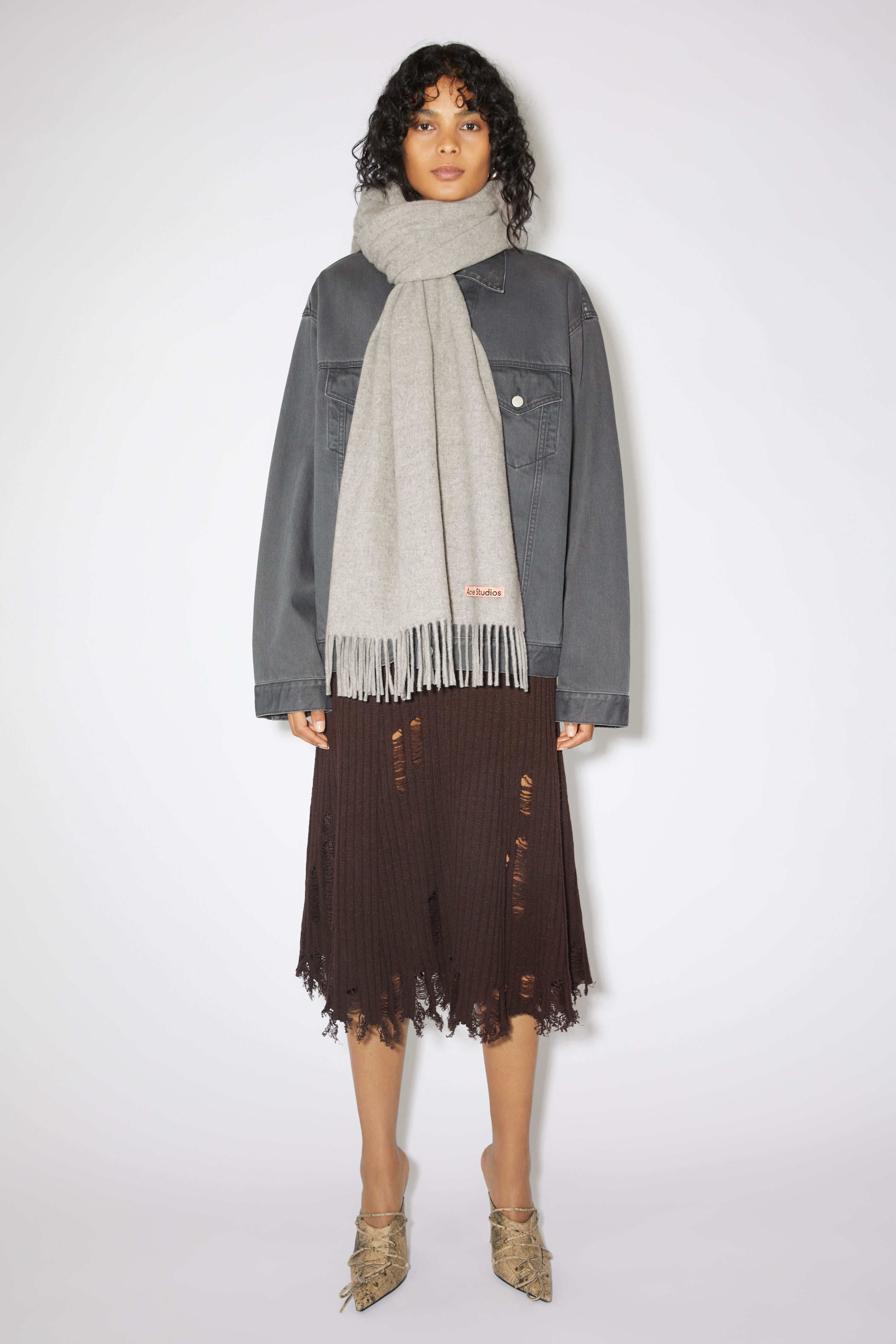 Fringe wool scarf - oversized - Light Grey Melange - 2