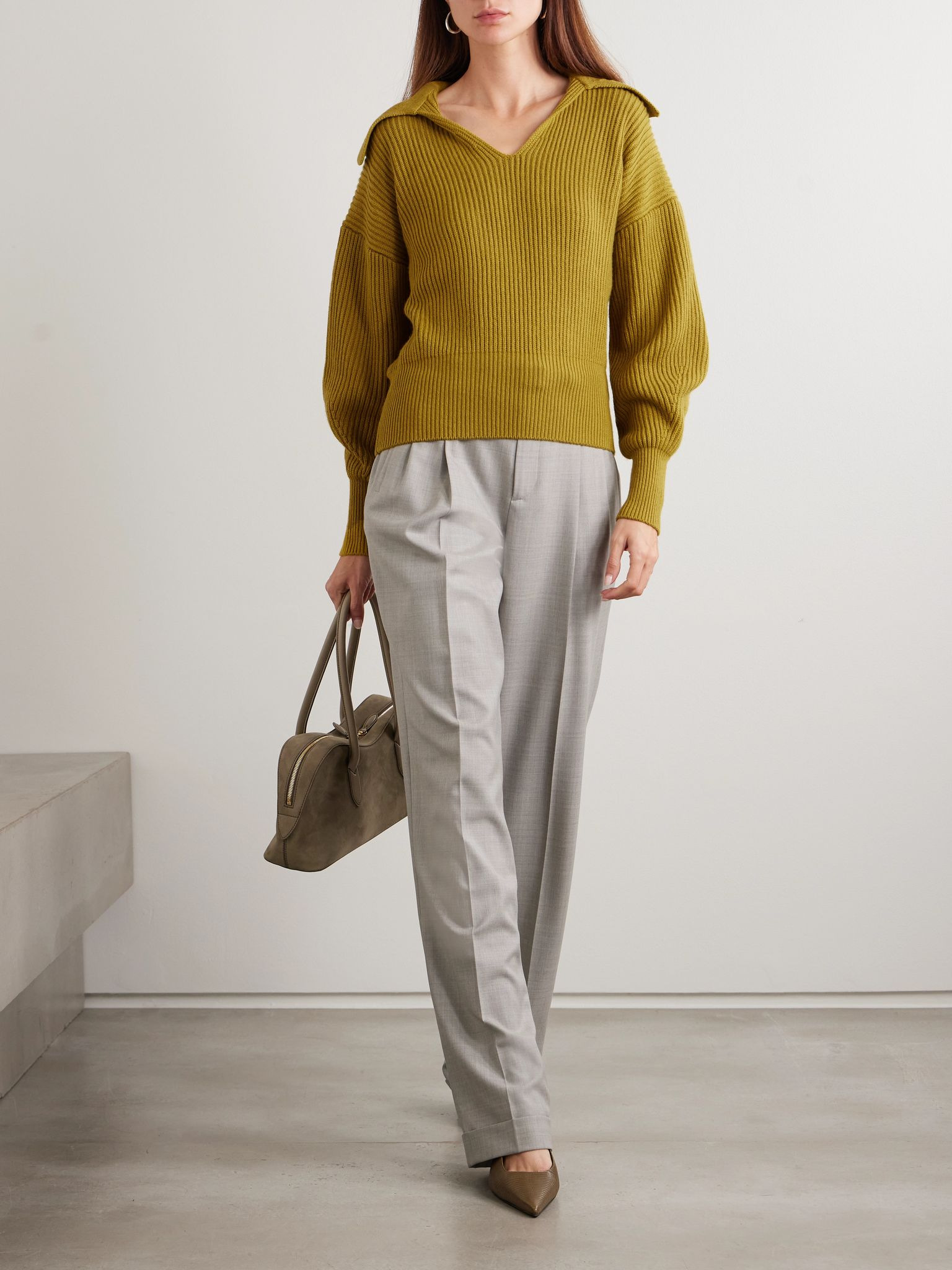 Ribbed wool, silk and cashmere-blend polo sweater Mustard - 2